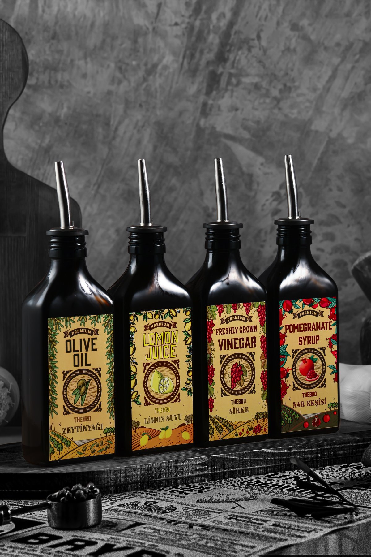 200ML Carmen Serisi Amber Renkli Parlak Metal Şişe Dökücülü Zeytinyağı,Sirke,Limon,Nar Ekşisi Şişesi 4'lü Set