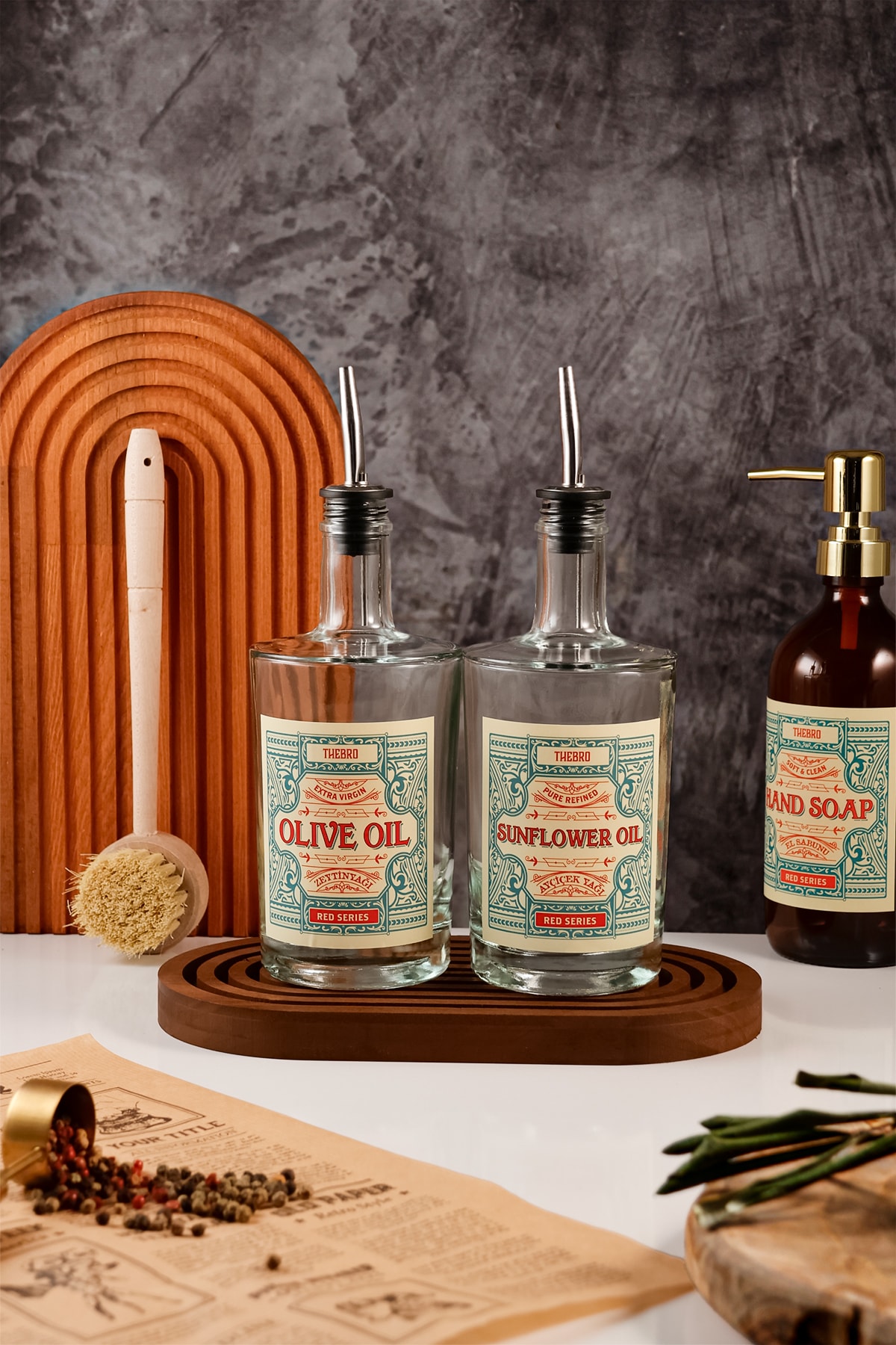 500ML Gökkuşağı Stantlı Şeffaf Kalın Camlı  Red Serisi Zeytinyağı ve Ayçiçek Yağı Şişesi