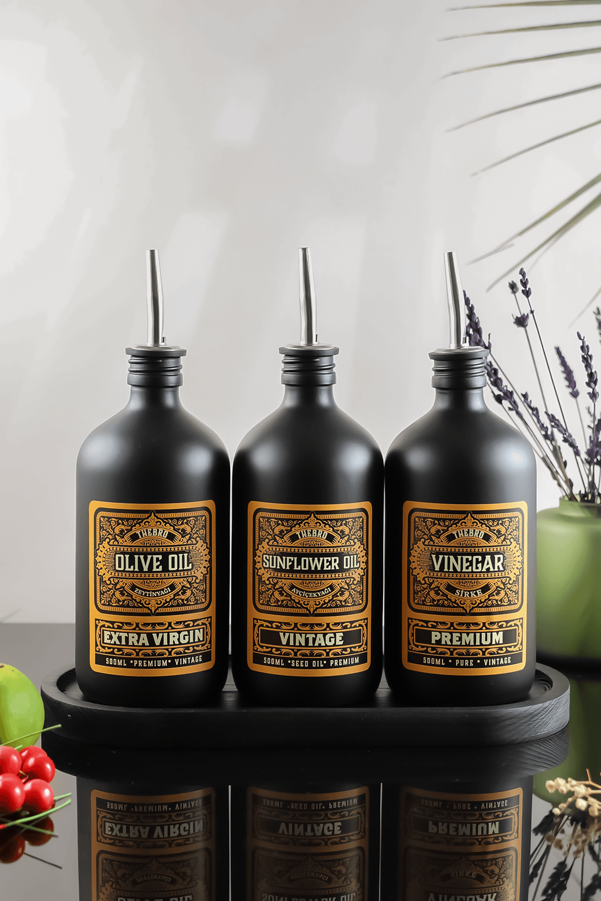 500ML Black Edition Ahşap Stantlı Vintage Desenli Cam Yağdanlık 3'lü Set