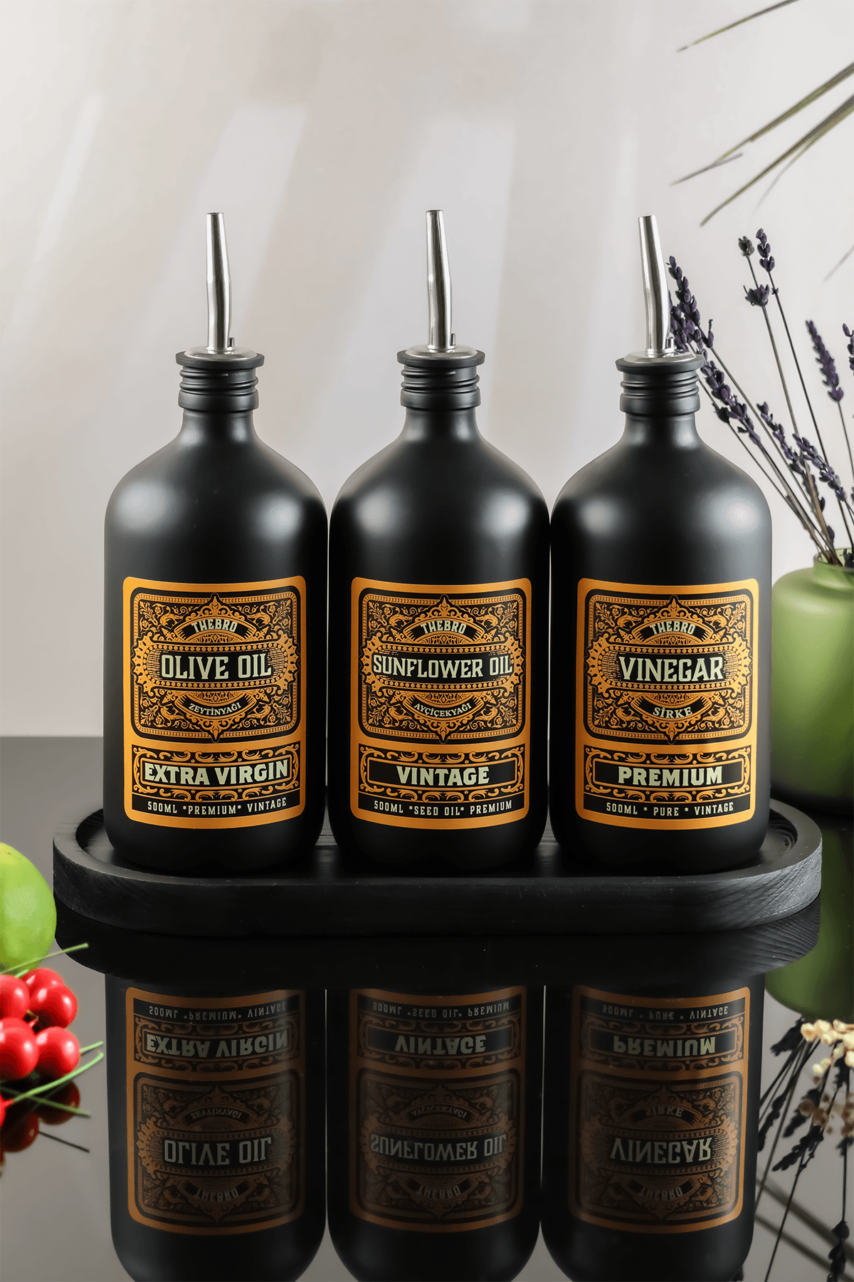 500ML Black Edition Ahşap Stantlı Vintage Desenli Cam Yağdanlık 3'lü Set