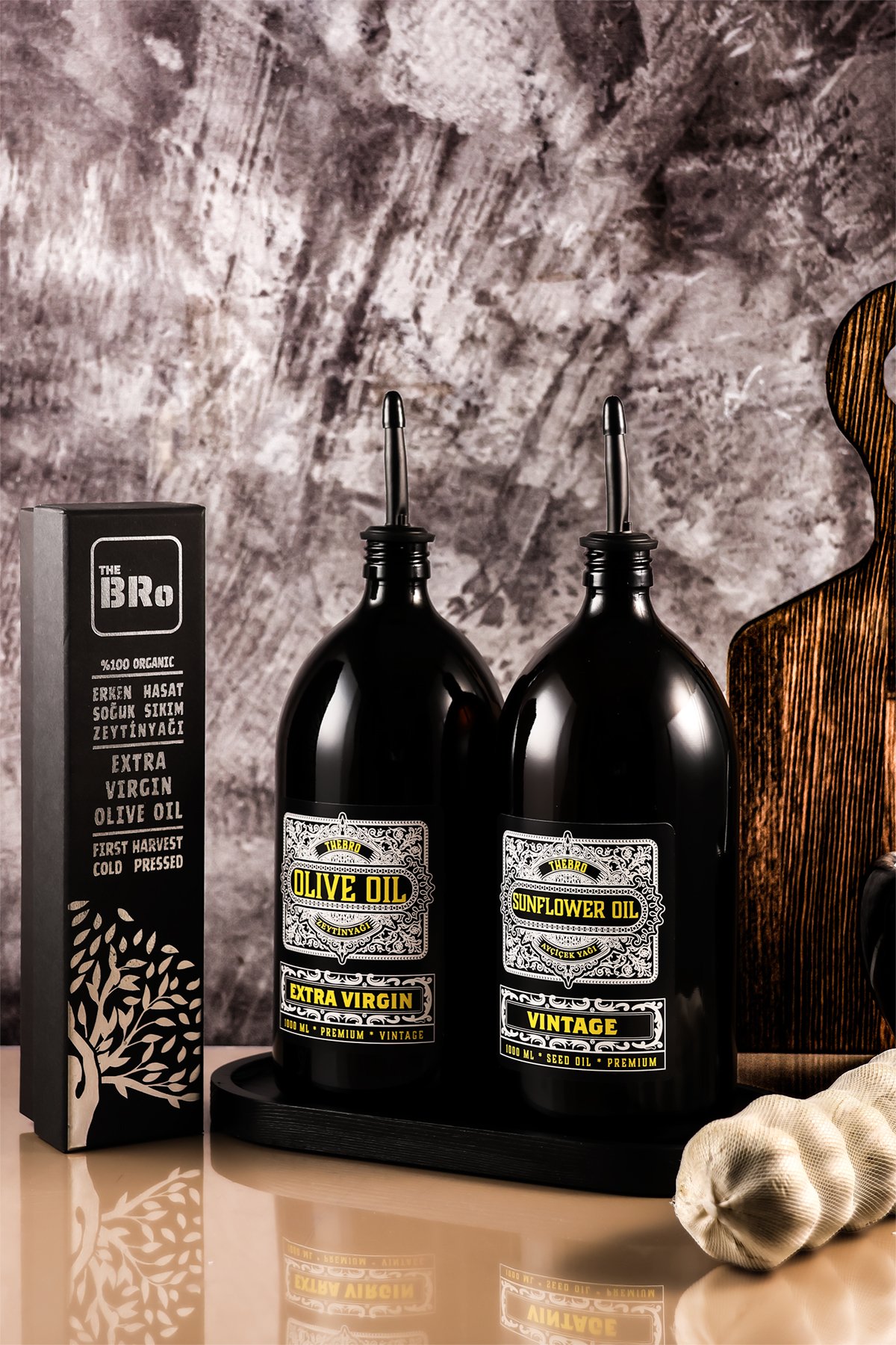 1Lt Special Edition Mat Siyah Ahşap Stantlı Vintage Yağdanlık 250ML Kutulu Zeytinyağı
