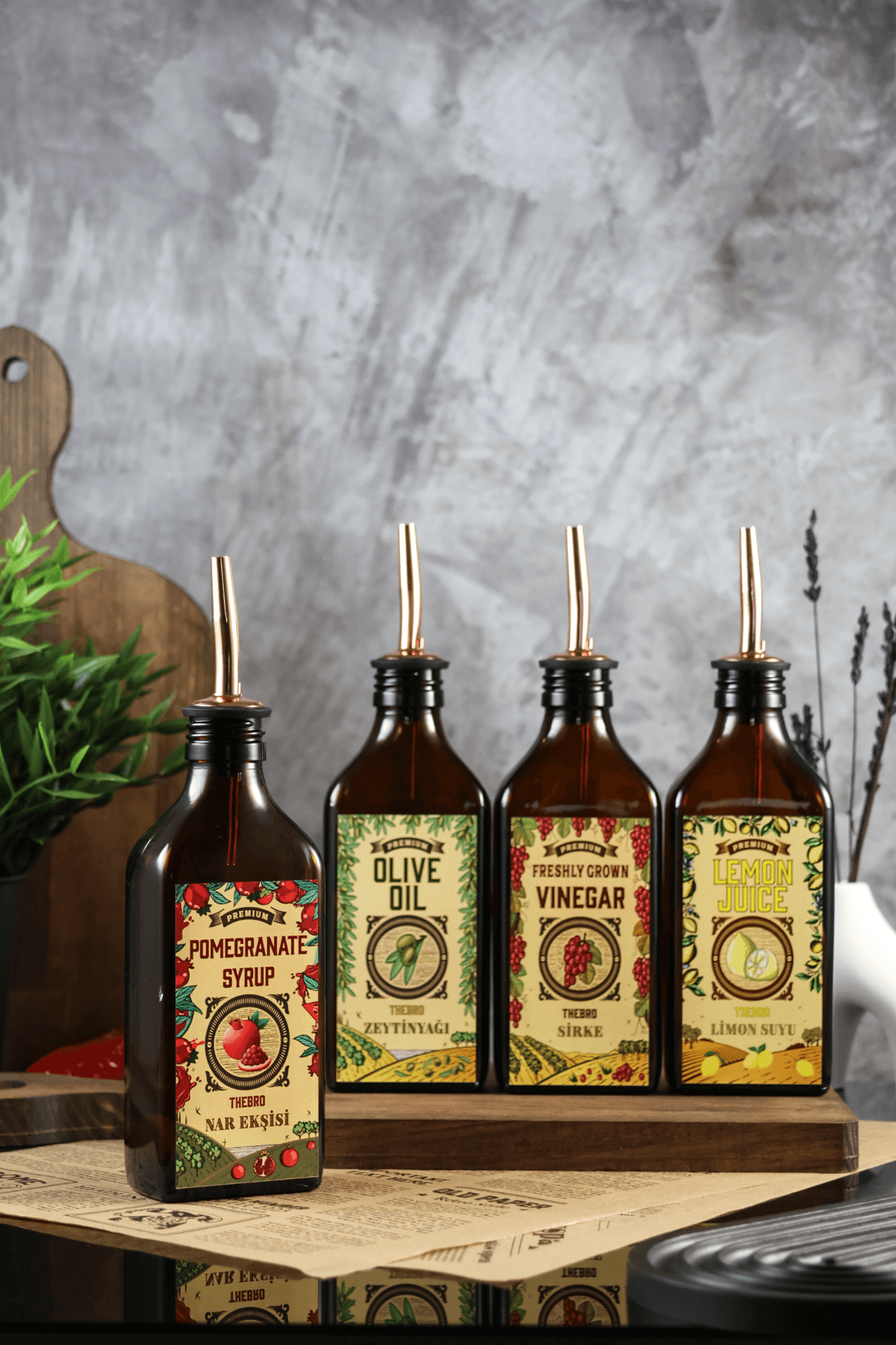 200ML Amber Renkli Carmen Serisi Zeytinyağı,Sirke,Limon,Nar Ekşisi Şişesi 4'lü Set
