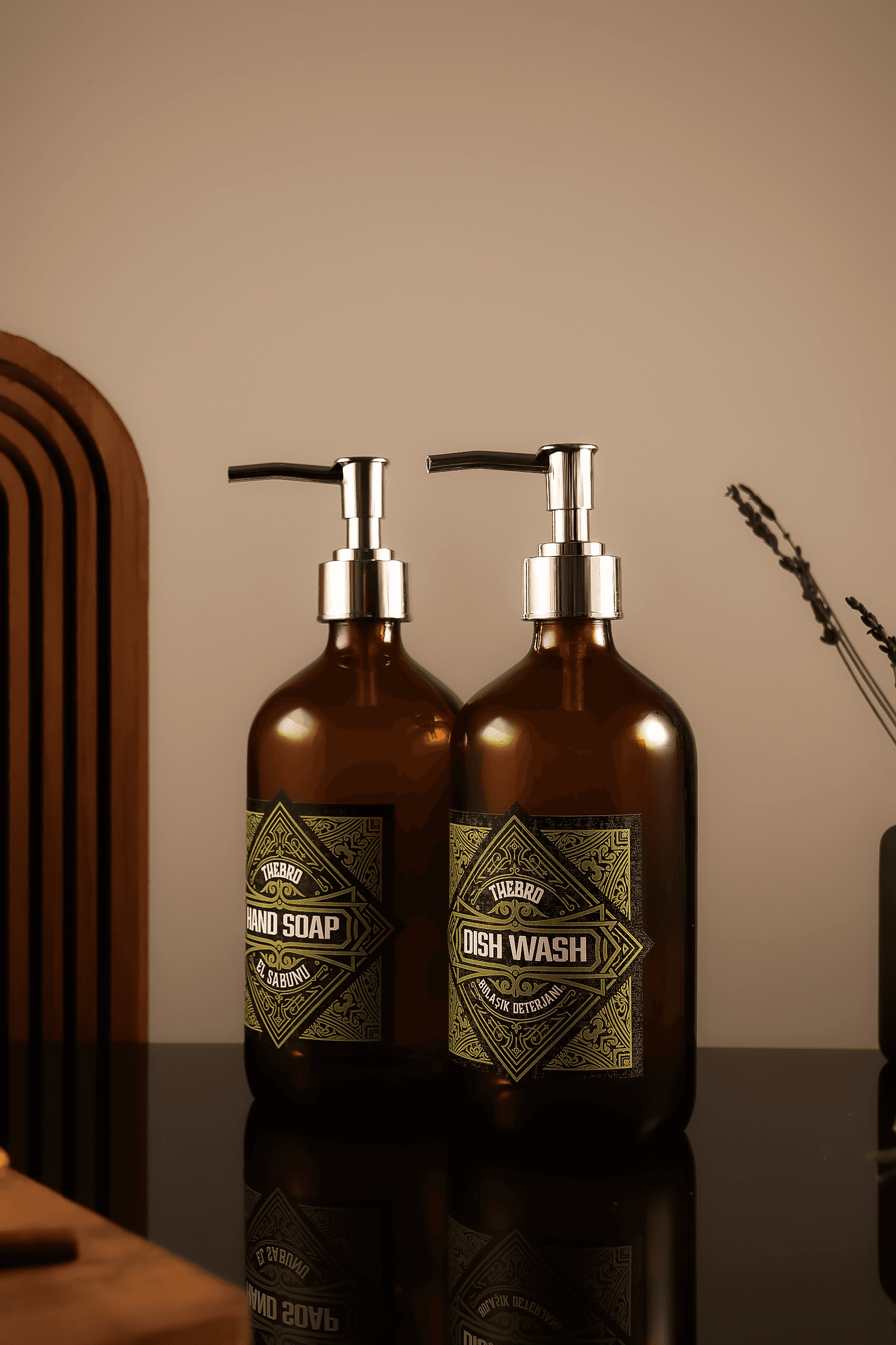 500ML Amber Cam Vintage Desenli El Sabunu ve Bulaşık Deterjanı Şişesi 