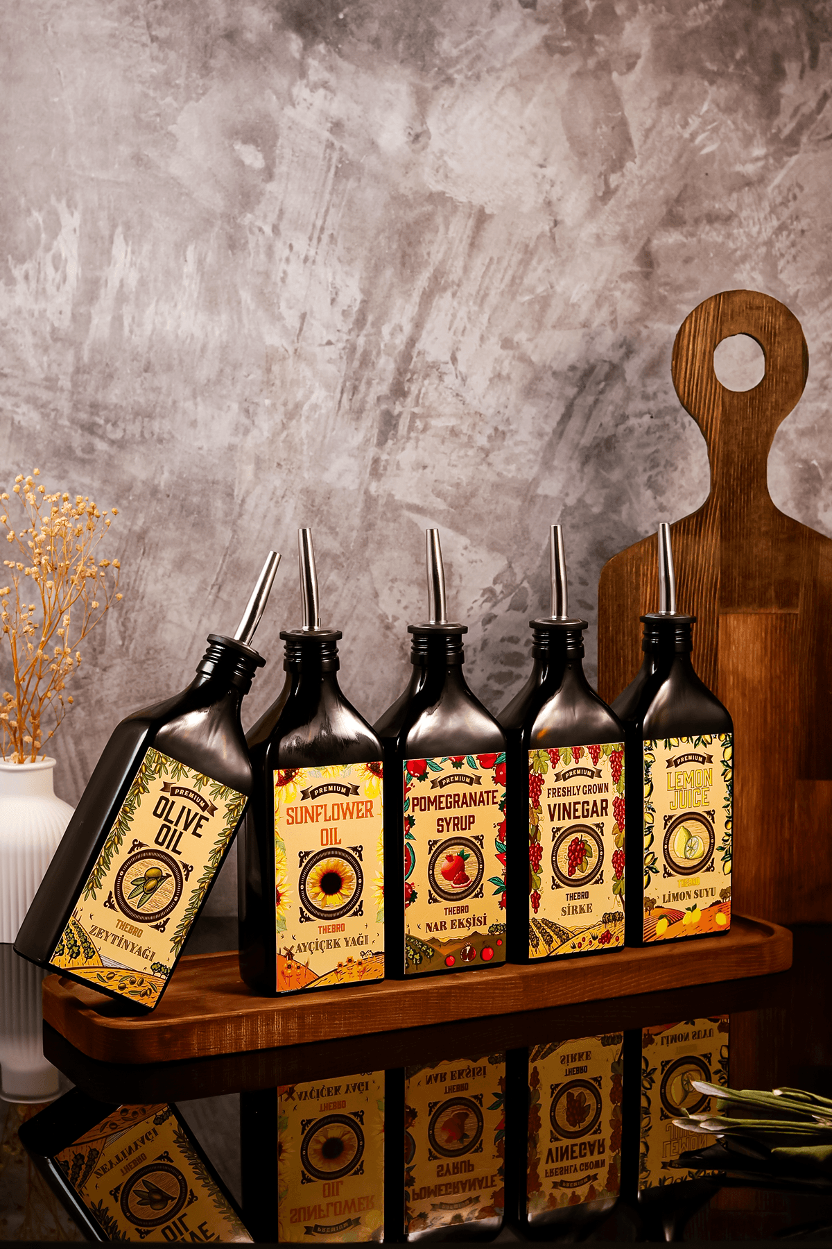 250ML Ahşap Stantlı Carmen Serisi Zeytinyağı,Ayçiçek Yağı, Sirke,Nar Ekşisi,Limon Suyu Set