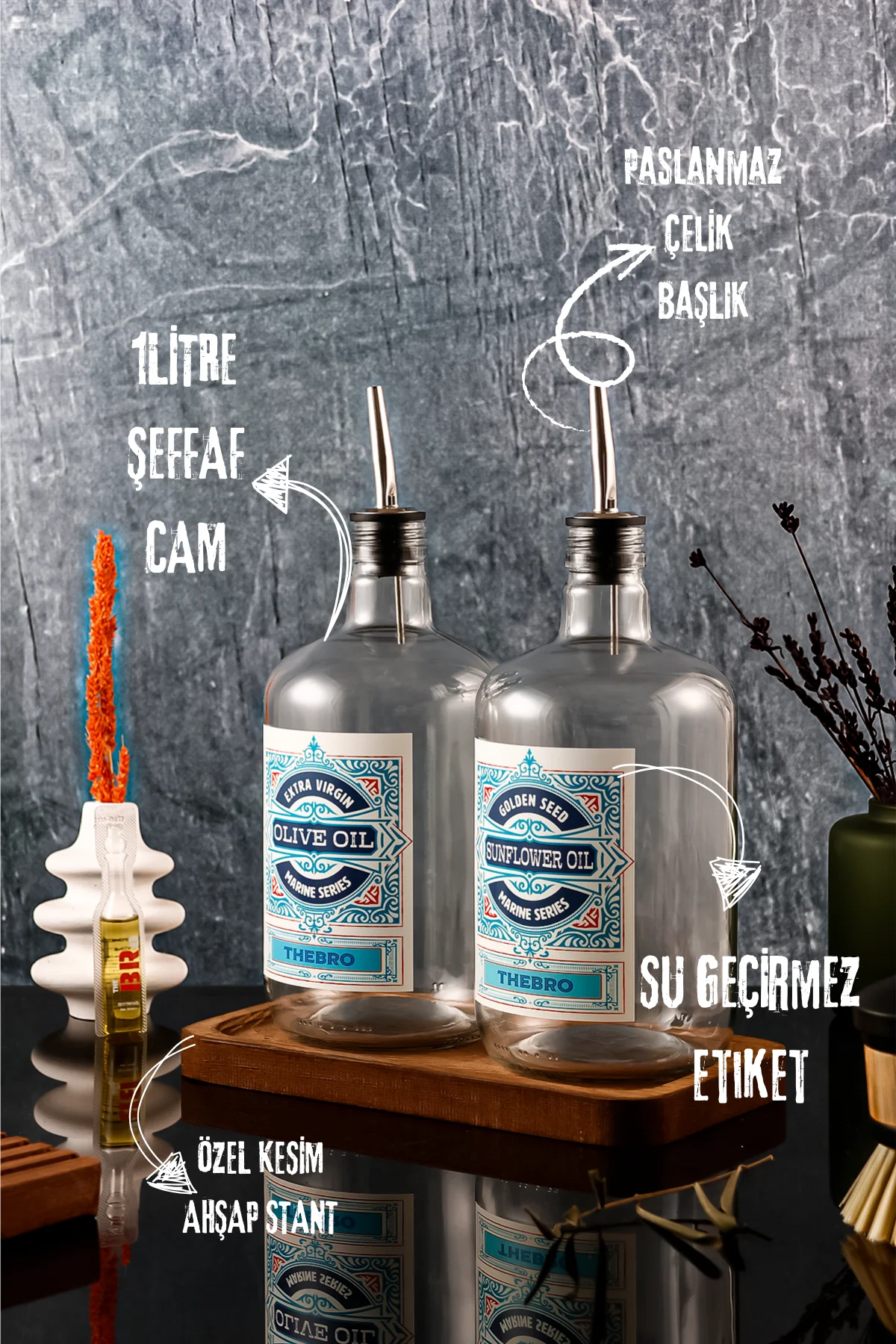 1 Litre Marine Serisi Ahşap Stantlı Şeffaf Zeytinyağı Şişes ve Ayçiçek Yağı Şişesi
