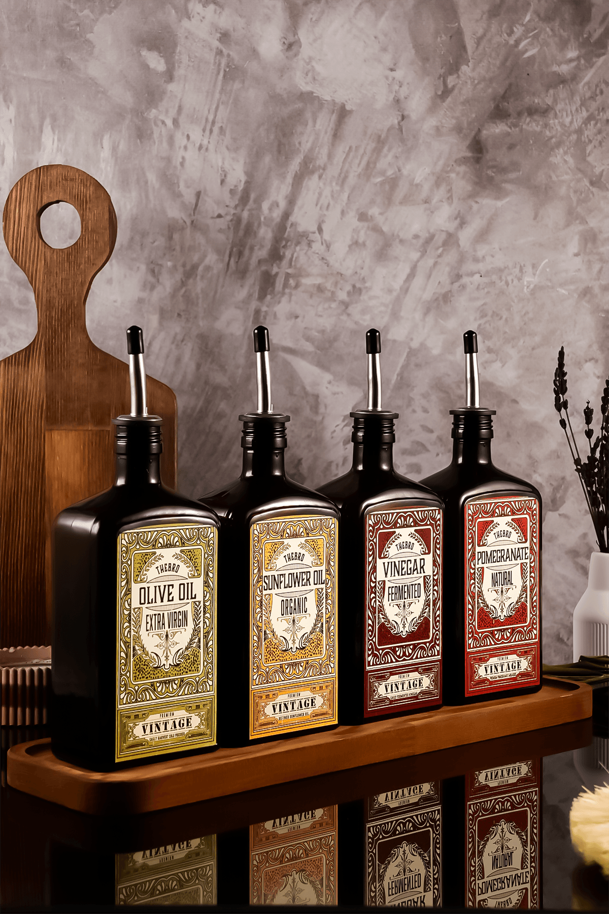 New Premium Serisi Ahşap Stantlı 500ML Zeytinyağı,Ayçiçek Yağı, Sirke, Nar Ekşisi Şisesi Set