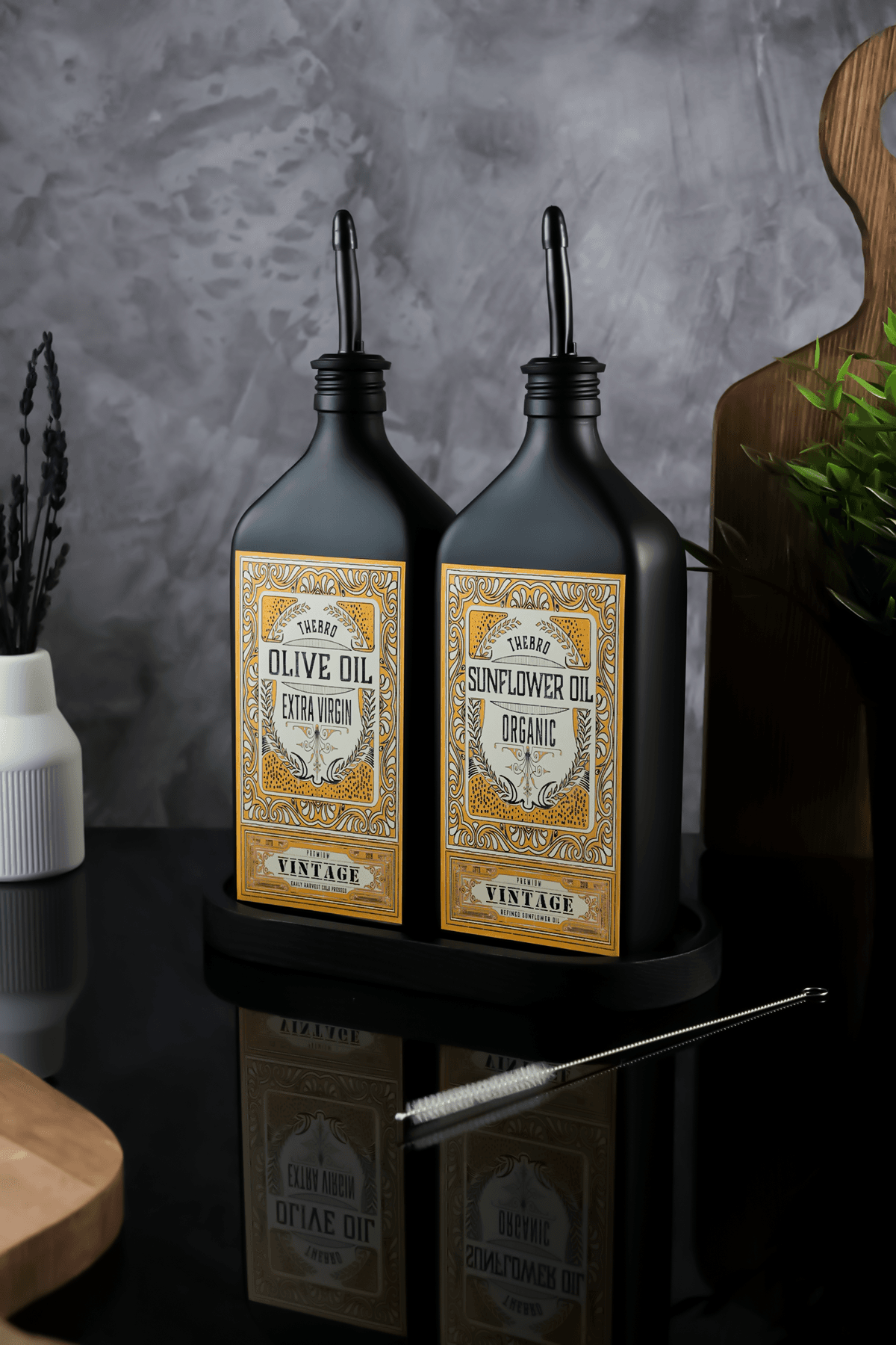 500ML Vintage Black Premium Mat Siyah Ahşap Stantlı Fırça Hediyeli Yağdanlık Set 