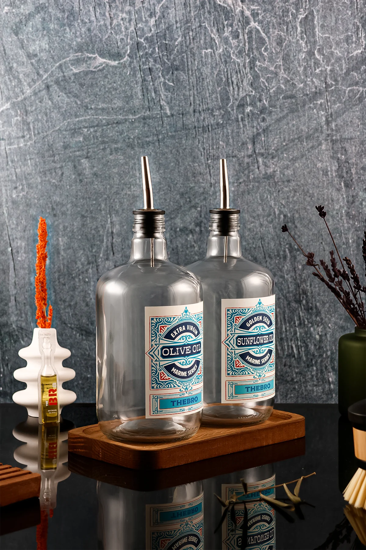 1 Litre Marine Serisi Ahşap Stantlı Şeffaf Zeytinyağı Şişes ve Ayçiçek Yağı Şişesi