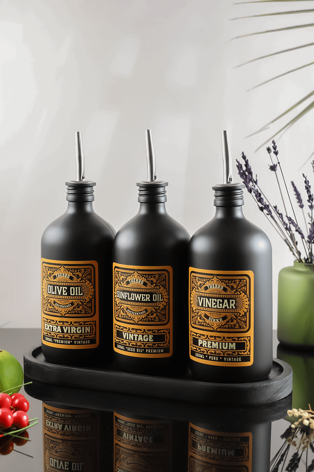 500ML Black Edition Ahşap Stantlı Vintage Desenli Cam Yağdanlık 3'lü Set