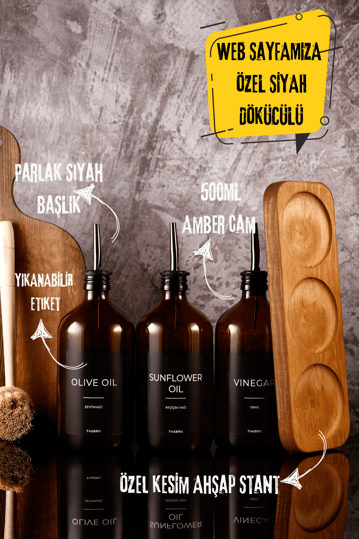 500ML Ahşap Stantlı Black Serisi Zeytinyağı,Ayçiçek Yağı, Sirke Şişesi 