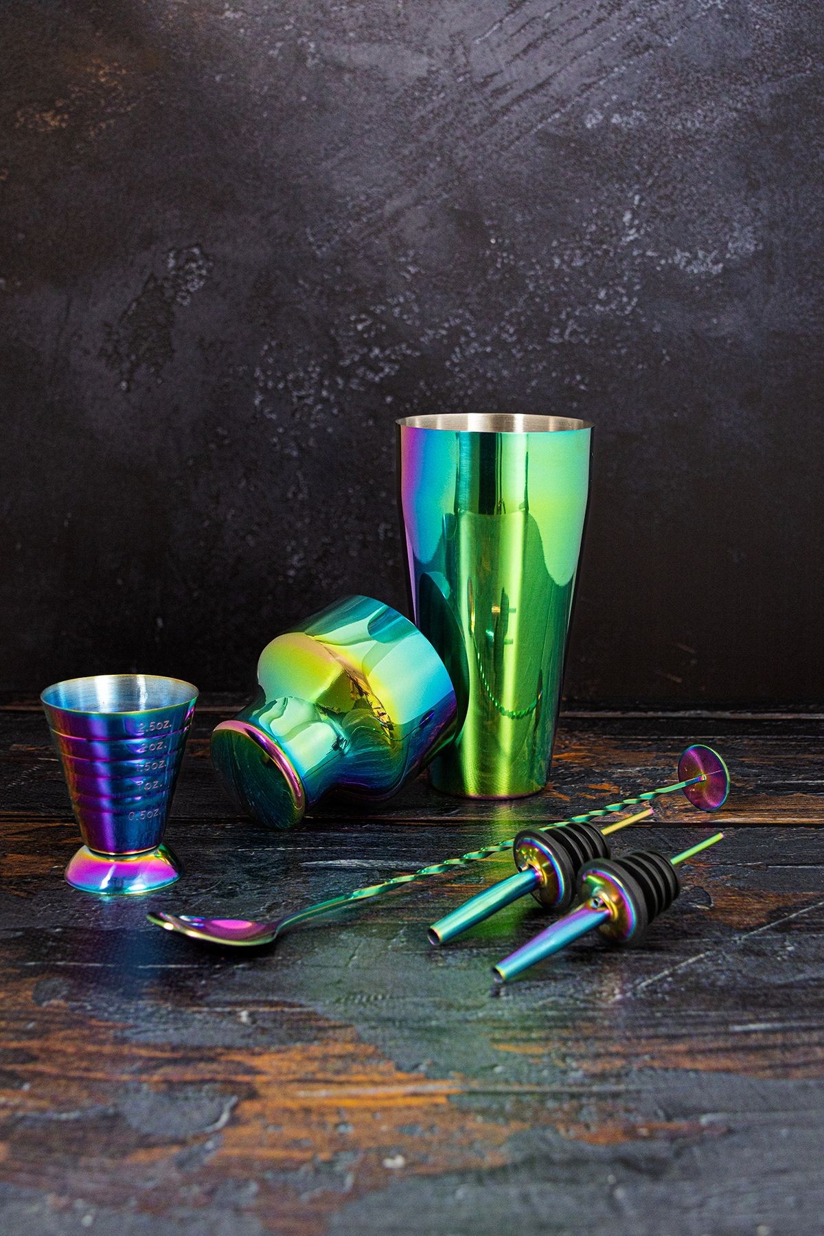 Rainbow Kokteyl 550ML Shaker, Bar Kaşığı, Jigger, 2 Adet Şişe Dökücü Set