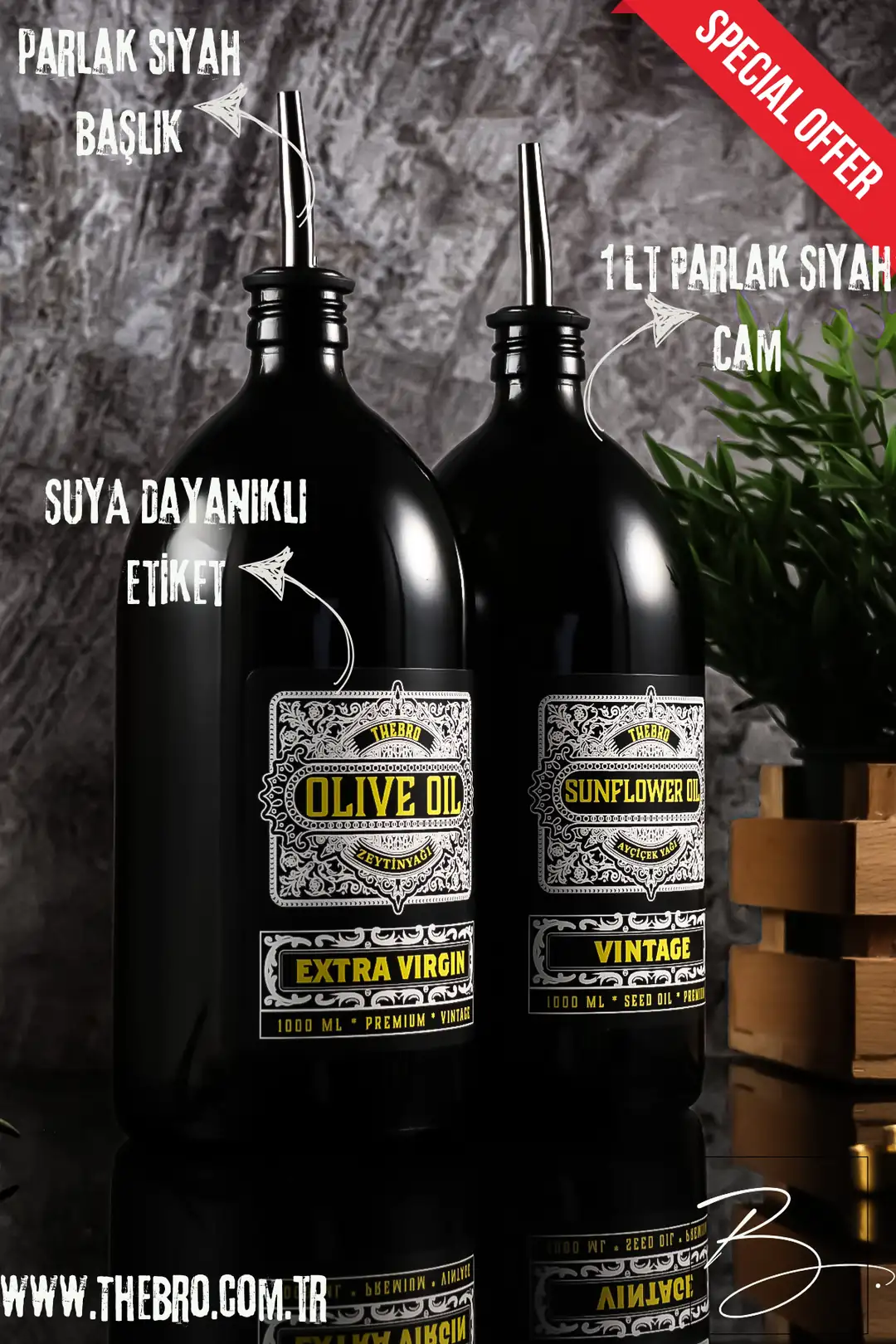 1 Litre Vintage Black Edition Mat Siyah Ahşap Stantlı Zeytinyağı Şişes