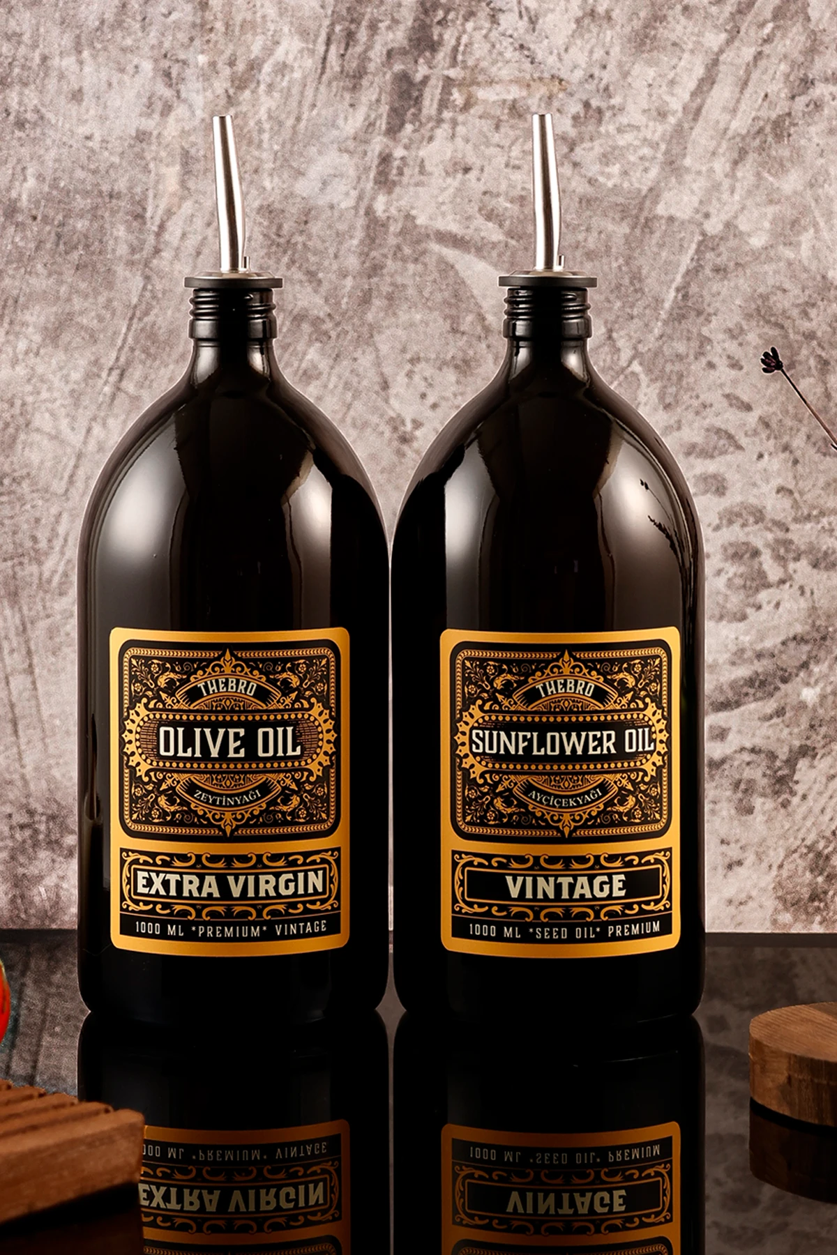  1lt Parlak Siyah  Renkli Cam Yağdanlık Zeytinyağı Sıvıyağ Şişesi Vintage Yağlık