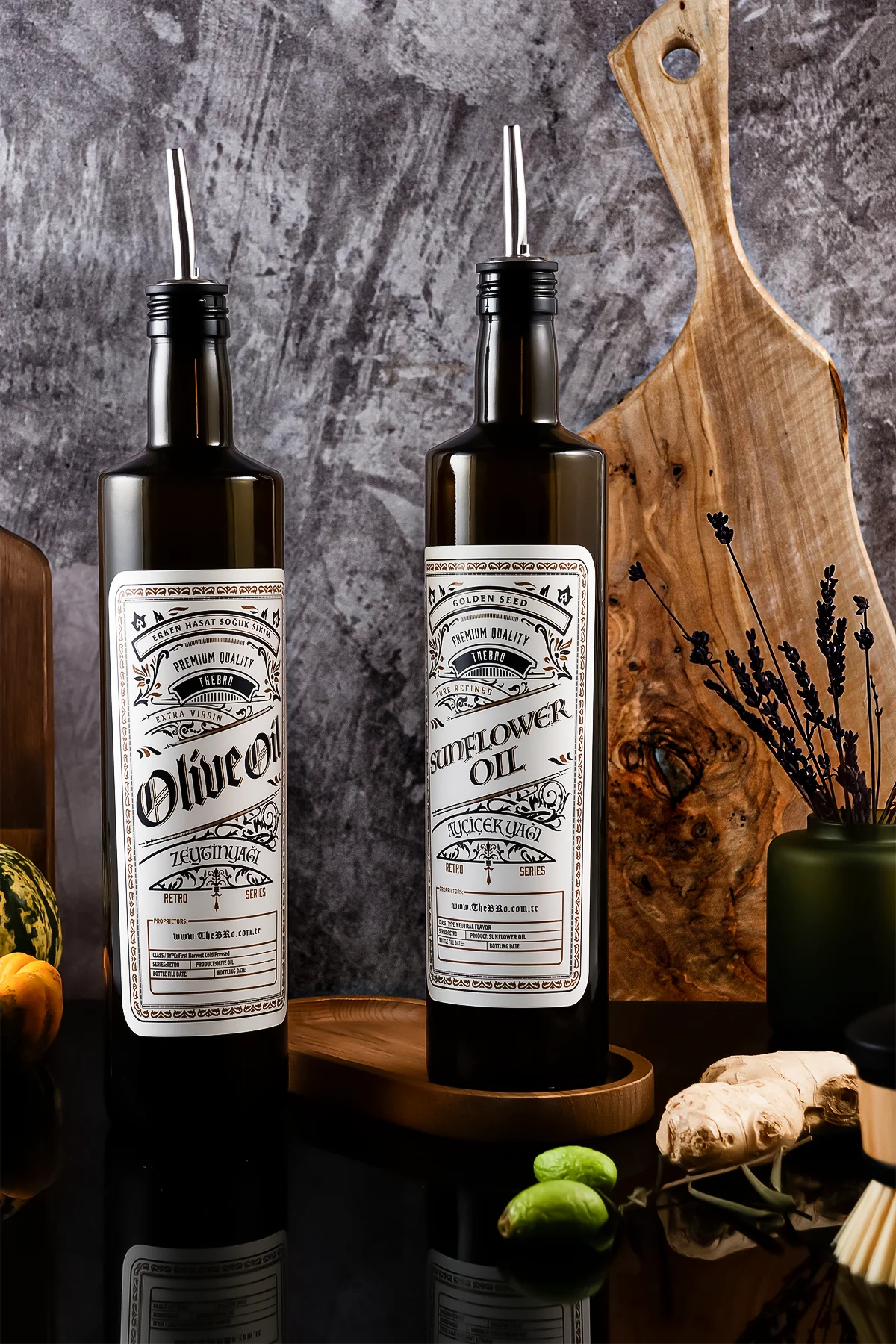 750ML Retro Serisi Ahşap Stantlı Zeytinyağı Şişesi ve Ayçiçek Yağı Şişesi