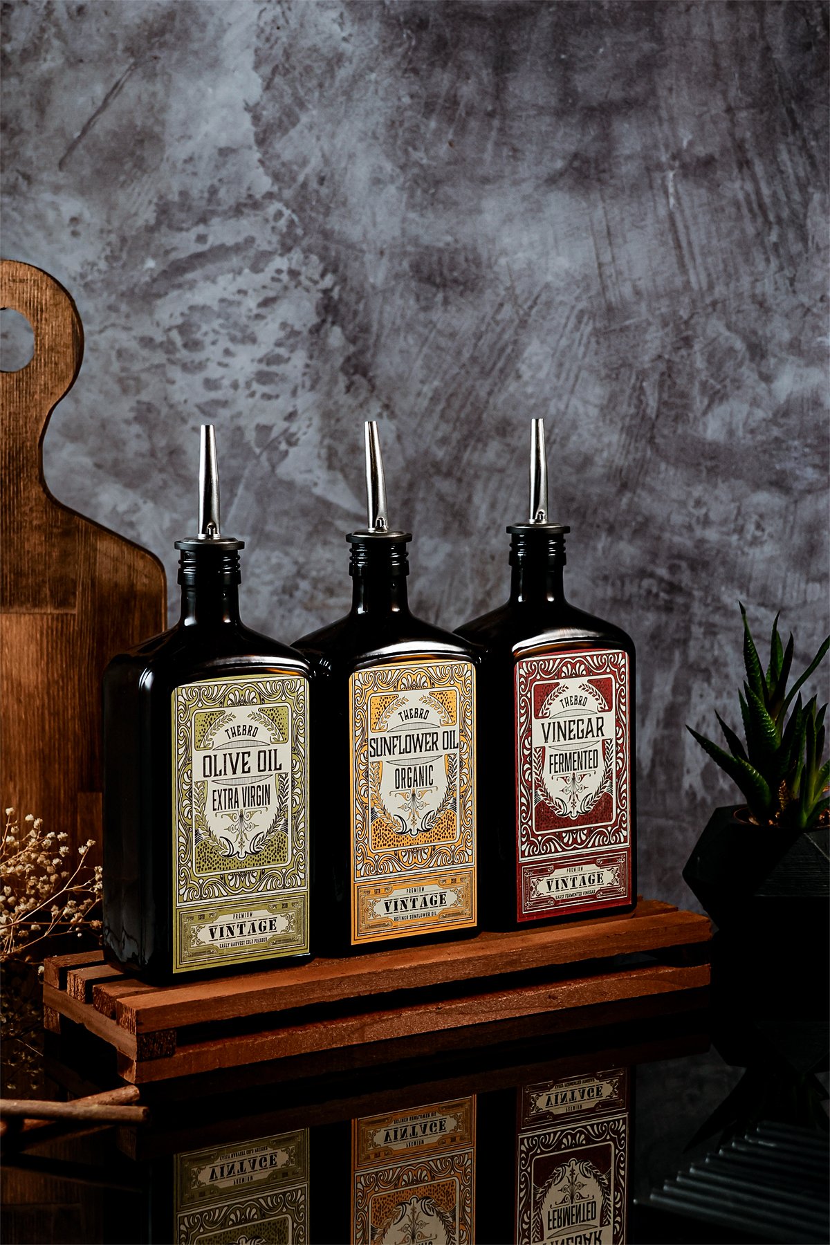 500ML Ahşap Stantlı New Premium Zeytinyağı,Ayçiçekyağı ve Sirke Şişesi 3'lü Set 