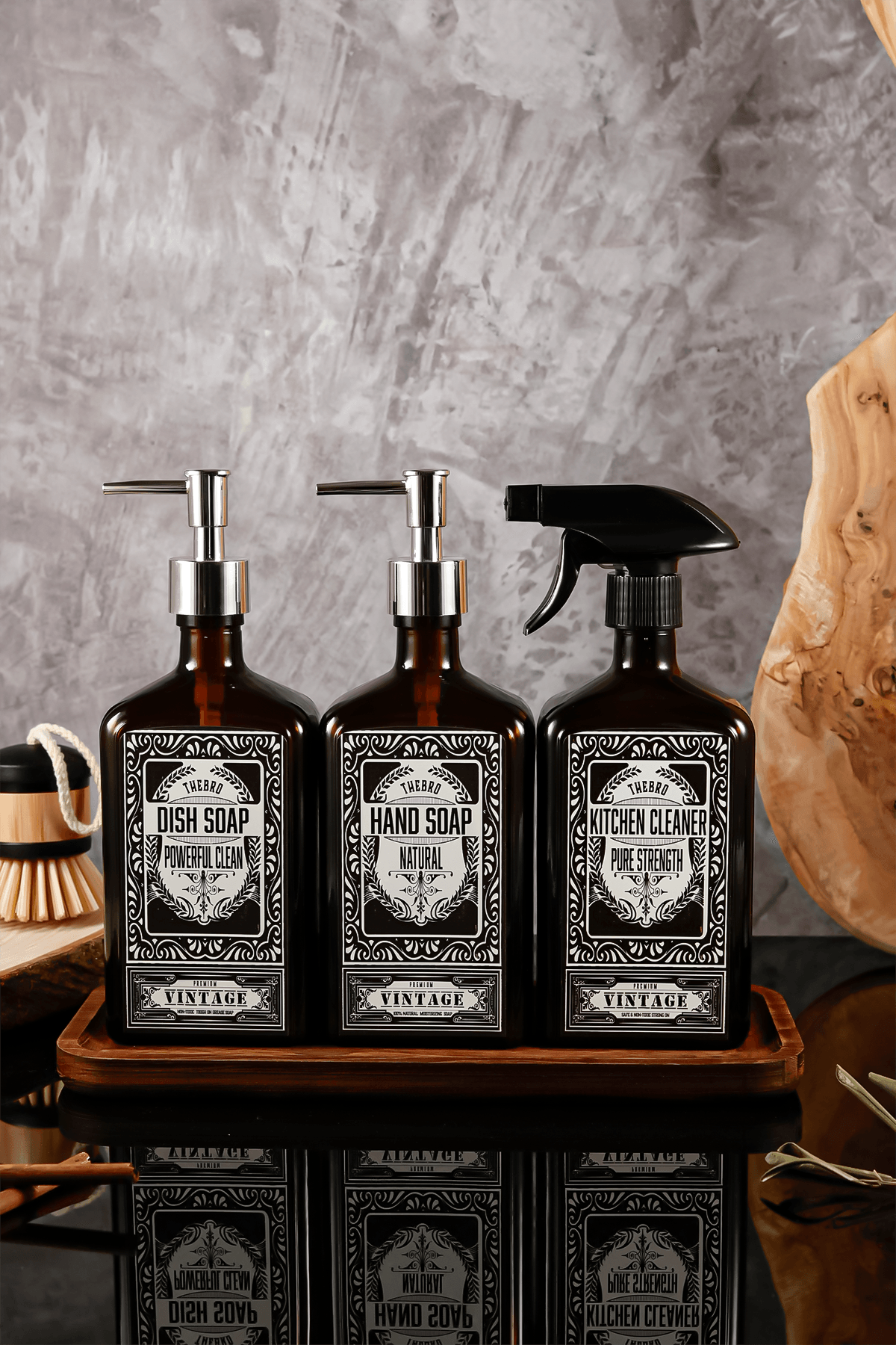 500ML Ahşap Stantlı New Premium El Sabunu,Bulaşık Deterjanı, Mutfak Temizleyicisi Şişesi Set