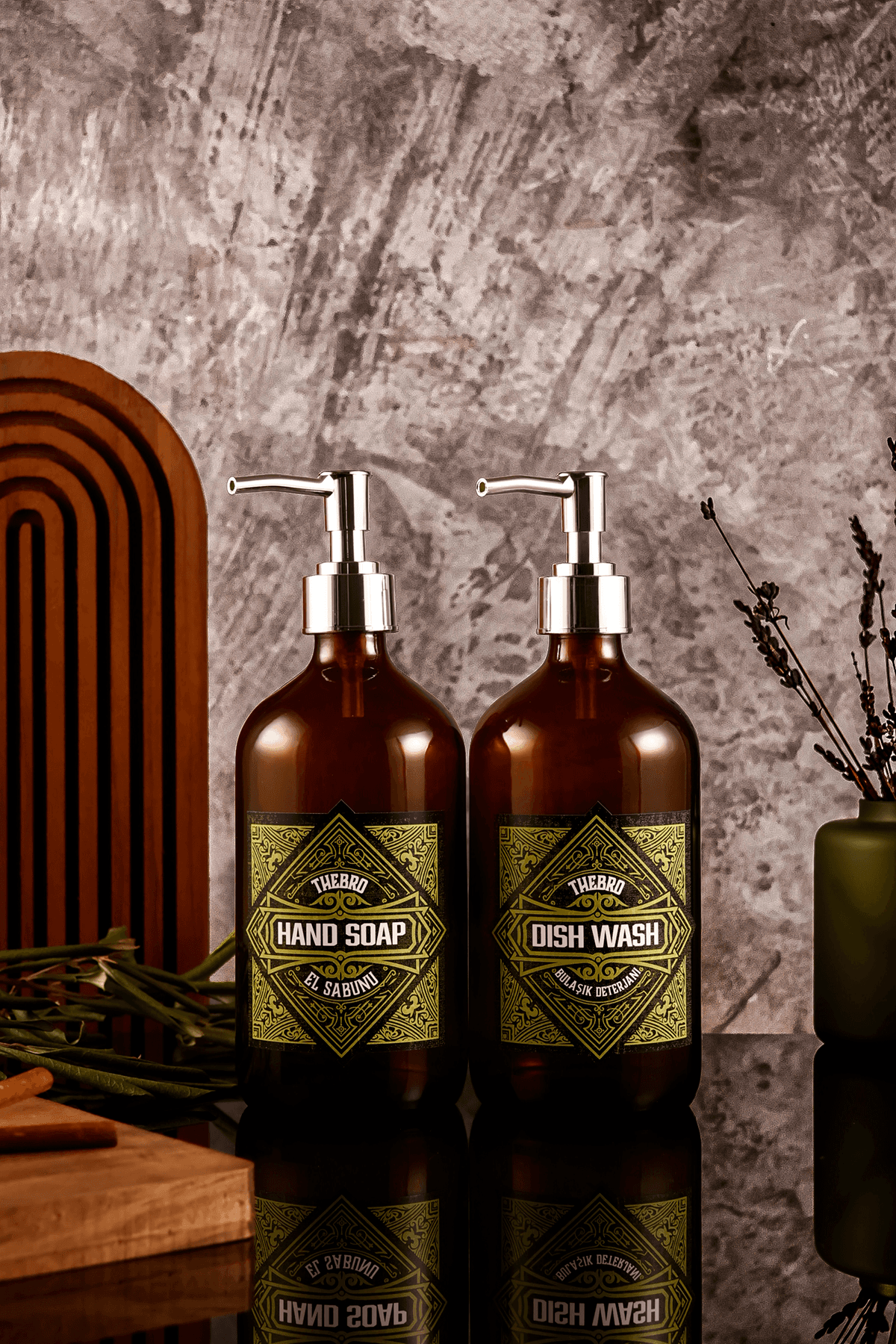 500ML Amber Cam Vintage Desenli El Sabunu ve Bulaşık Deterjanı Şişesi 
