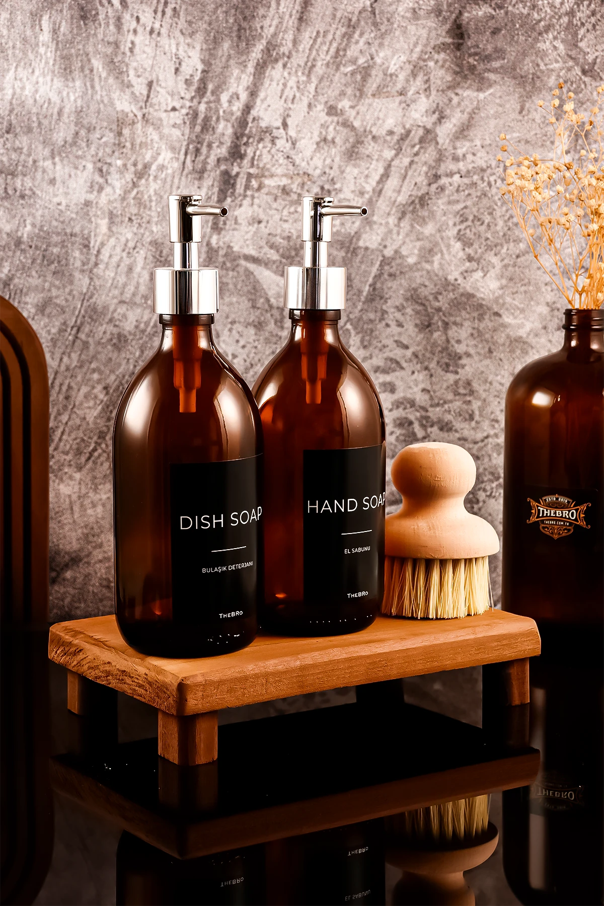 500ML Black Serisi Ahşap Stantlı Fırçalı El Sabunu ve Bulaşık Deterjanı Sabunluk Seti  