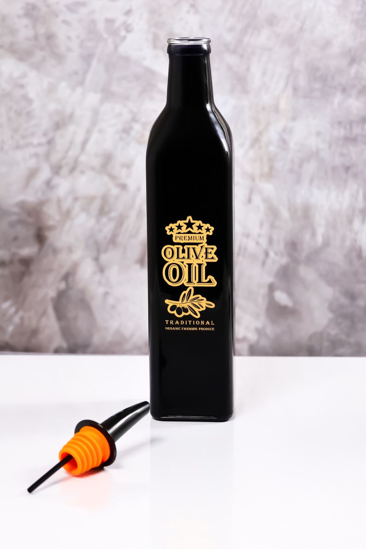 500 ml Parlak Siyah Olive Oil Desenli Parlak Siyah Şişe Dökücülü Yağdanlık Zeytinyağı Şişesi