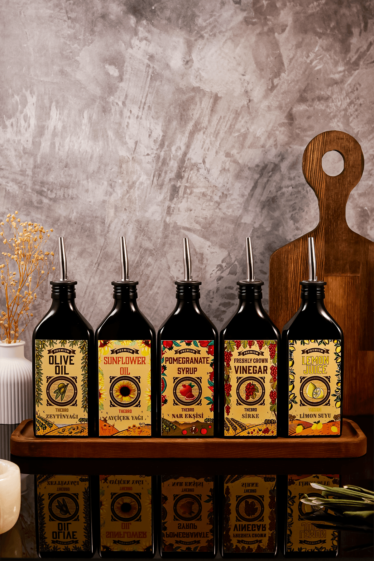 250ML Ahşap Stantlı Carmen Serisi Zeytinyağı,Ayçiçek Yağı, Sirke,Nar Ekşisi,Limon Suyu Set