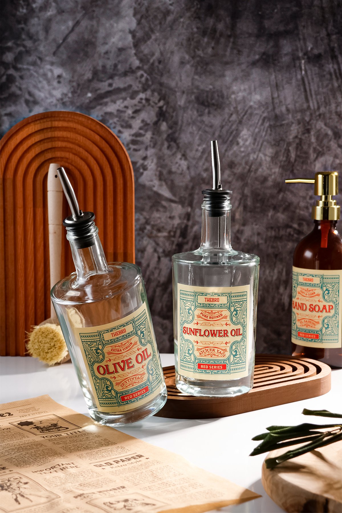 500ML Gökkuşağı Stantlı Şeffaf Kalın Camlı  Red Serisi Zeytinyağı ve Ayçiçek Yağı Şişesi
