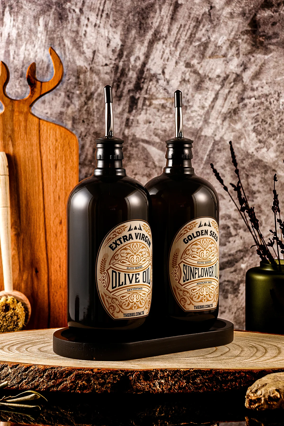 750ML Mat Siyah Ahşap Stantlı Elite Serisi Zeytinyağı Şişesi ve Ayçiçek Yağı Şişesi Yağdanlık