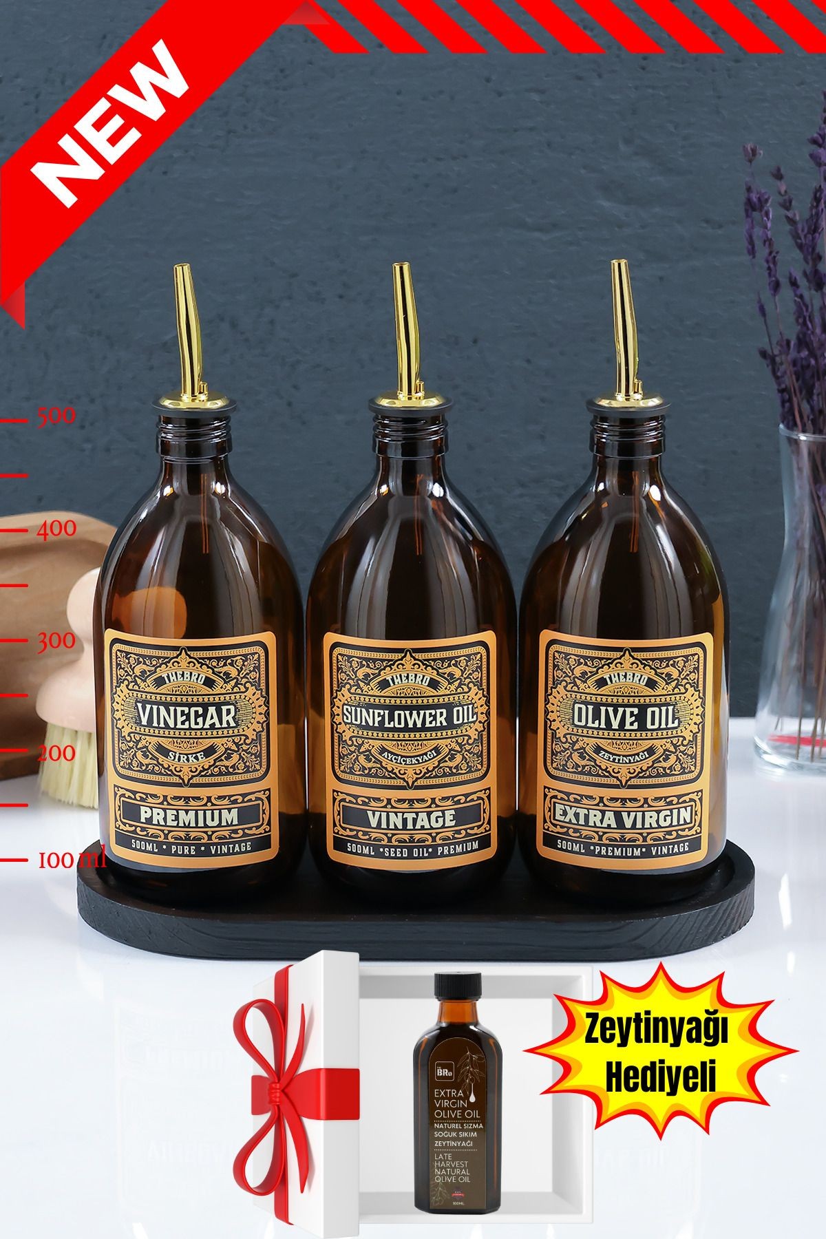 500ML Amber Renkli Vintage Tasarımlı Siyah Ahşap Stantlı Zeytinyağı Şişesi,Sıvıyağ ve Sirke Şisesi