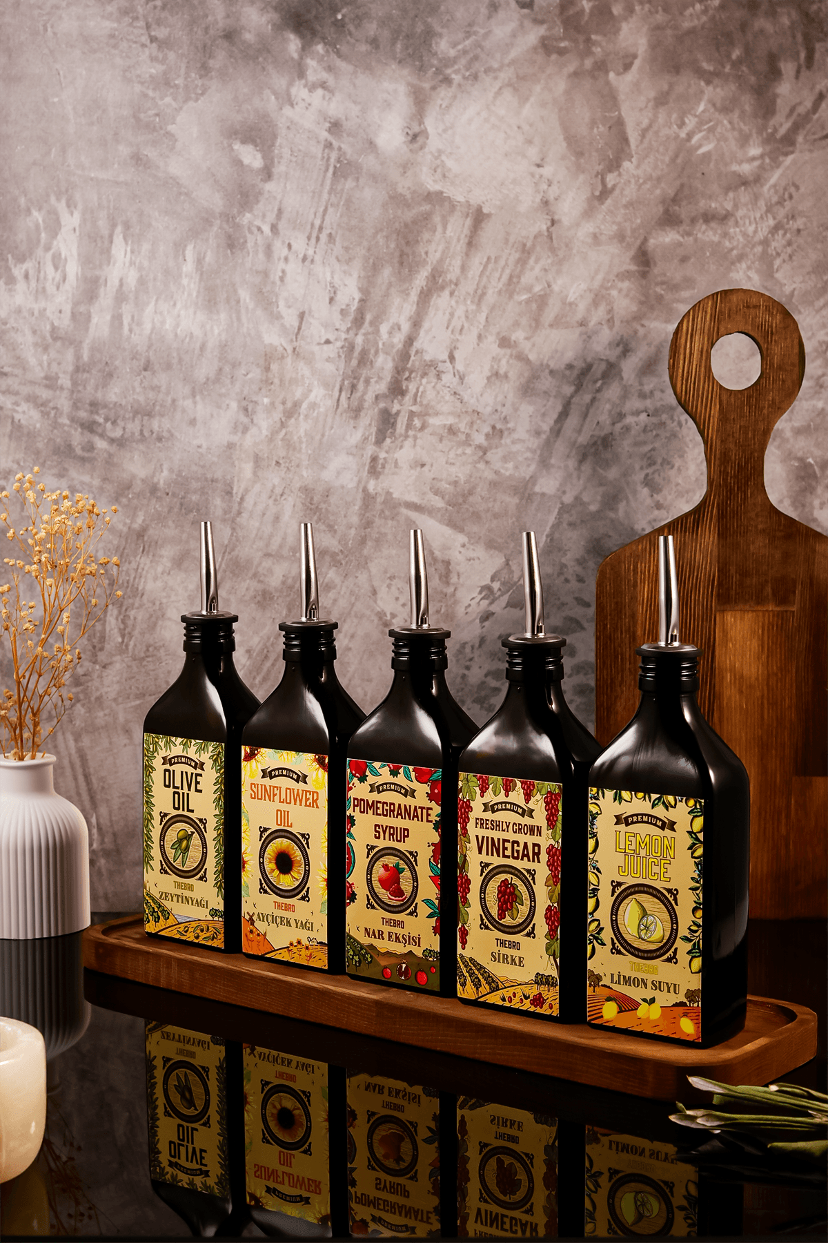 250ML Ahşap Stantlı Carmen Serisi Zeytinyağı,Ayçiçek Yağı, Sirke,Nar Ekşisi,Limon Suyu Set