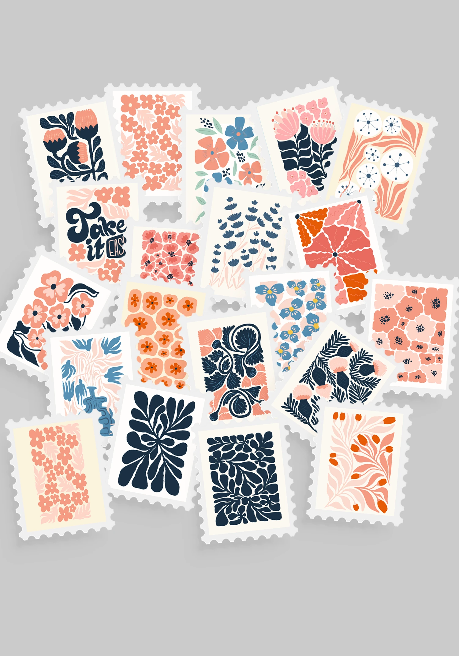 Çiçek & Botanik Temalı Pul Sticker Seti 20'li - Bullet Journal Ajanda Scrapbook - Lacivert Çiçek & Botanik Pul