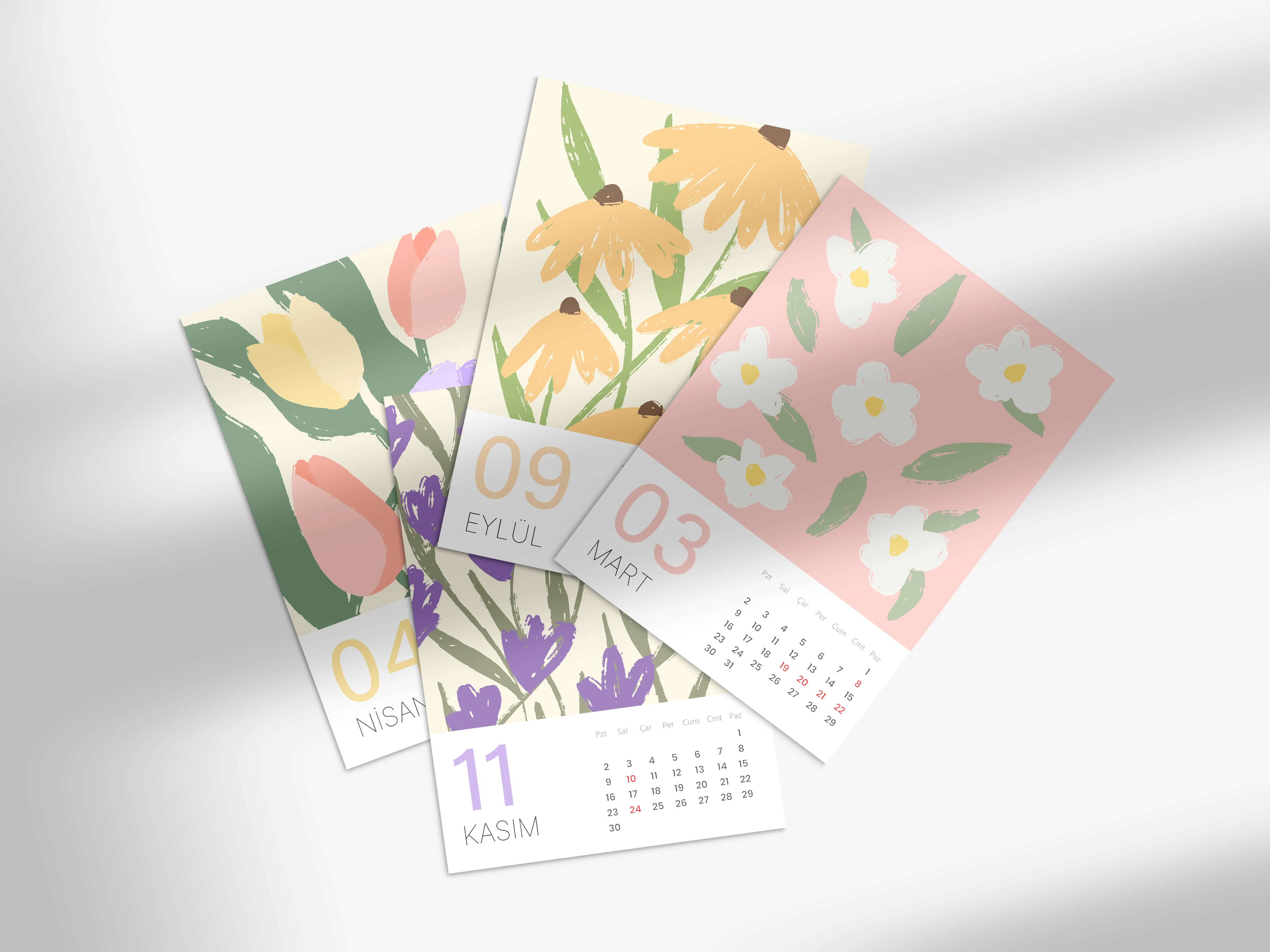 2026 Takvim (10x15 cm ) + Karton Stand - Çiçek Desenli Takvim