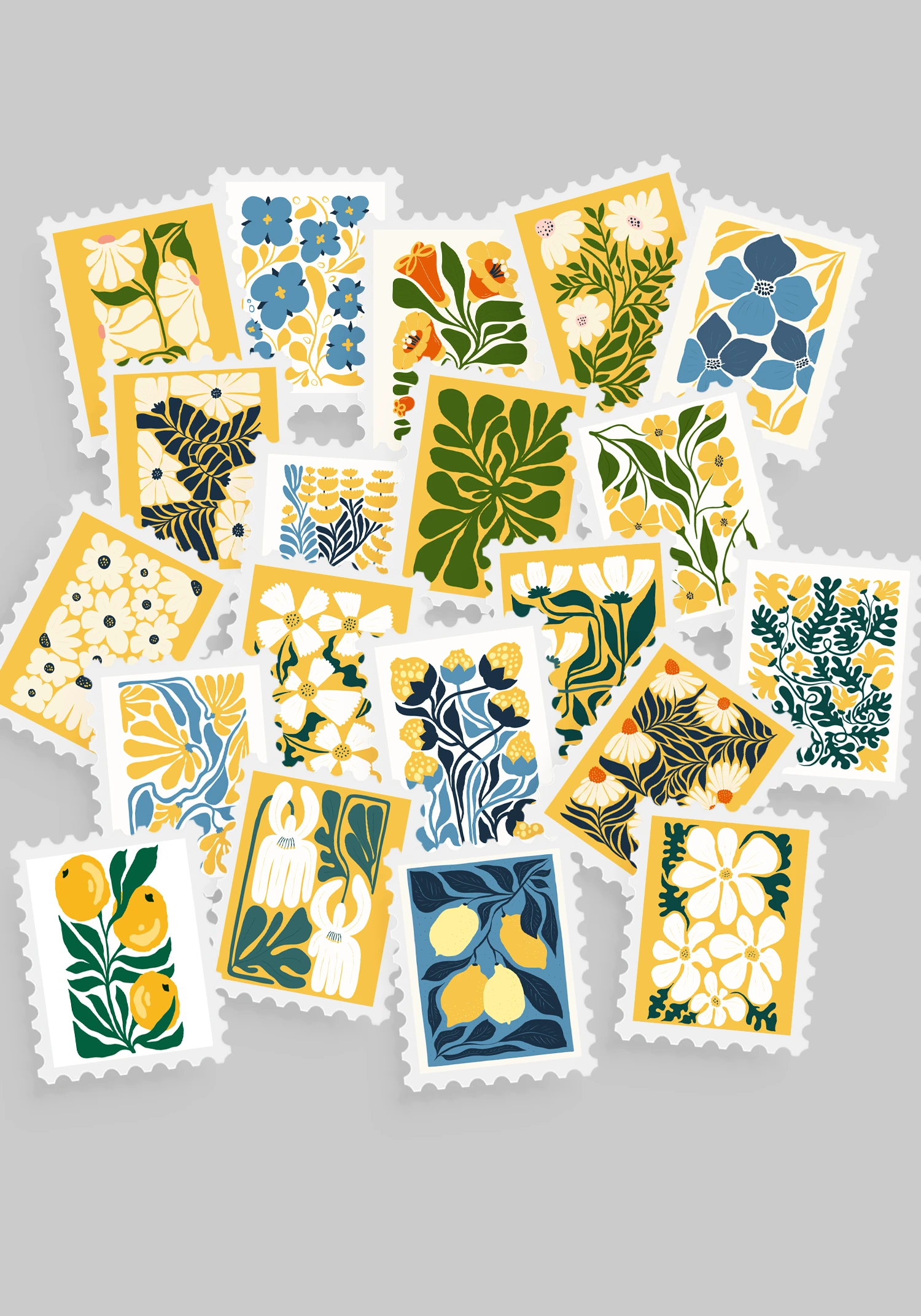 Çiçek & Botanik Temalı Pul Sticker Seti 20'li - Bullet Journal Ajanda Scrapbook - Sarı - Yeşil Çiçek & Botanik Pul
