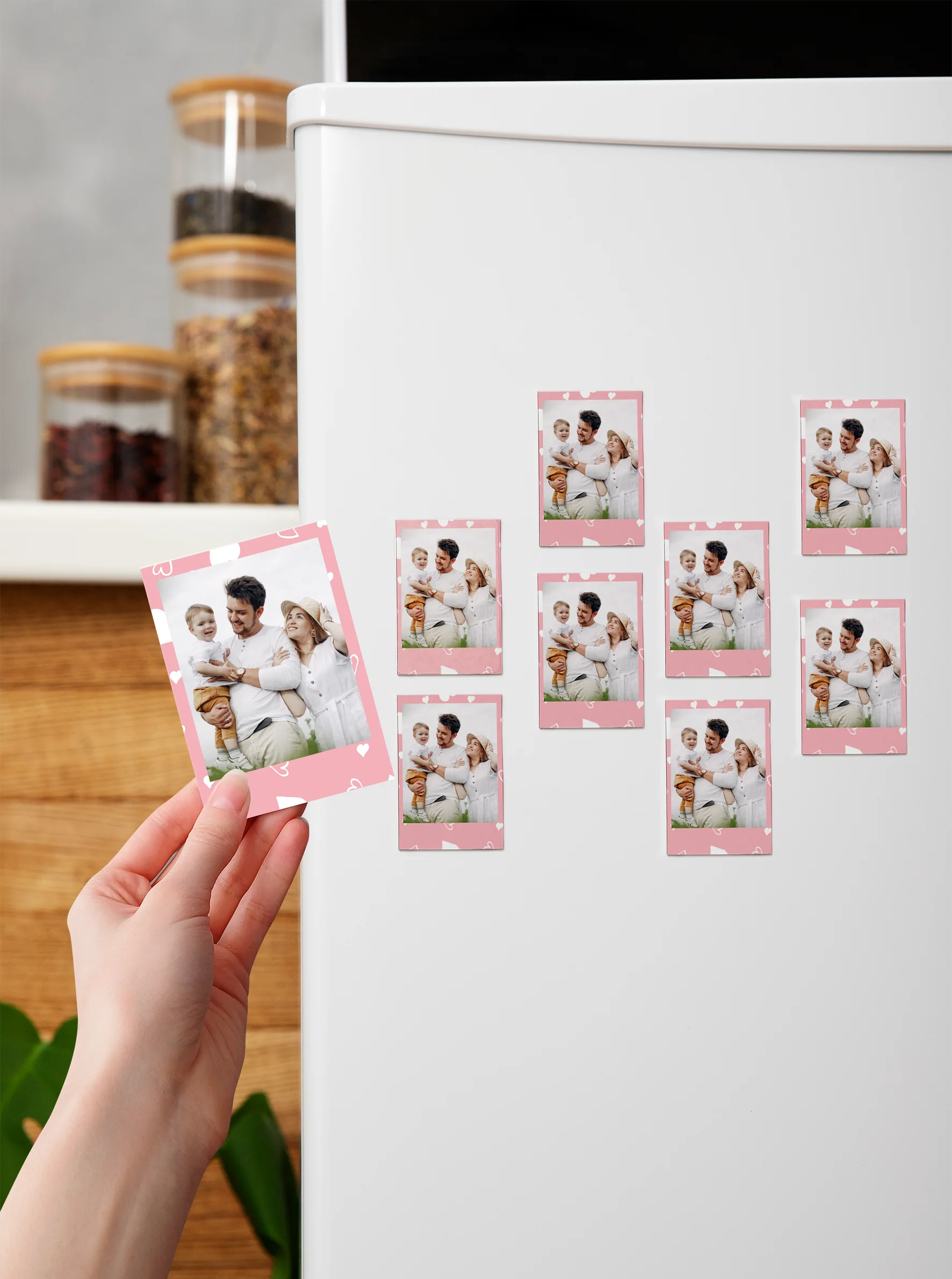 Desenli Mini Polaroid Magnet - 8 Adet (5x7cm) - Pembe Kalp Desen