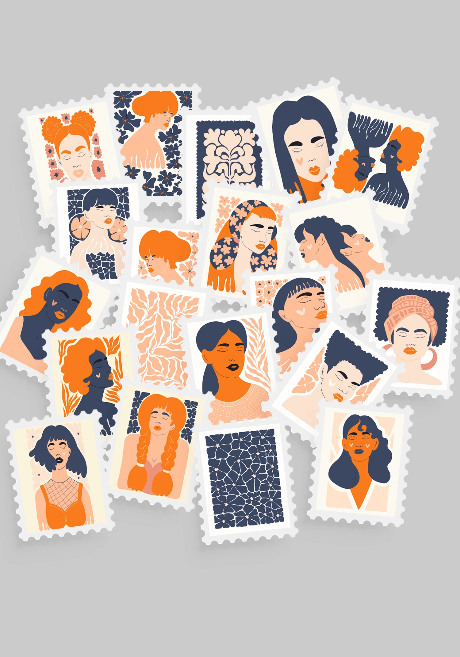 Kadın & Çiçek Temalı Pul Sticker Seti 20'li - Bullet Journal Ajanda Scrapbook - Lacivert-Turuncu Kadın & Çiçek Pul