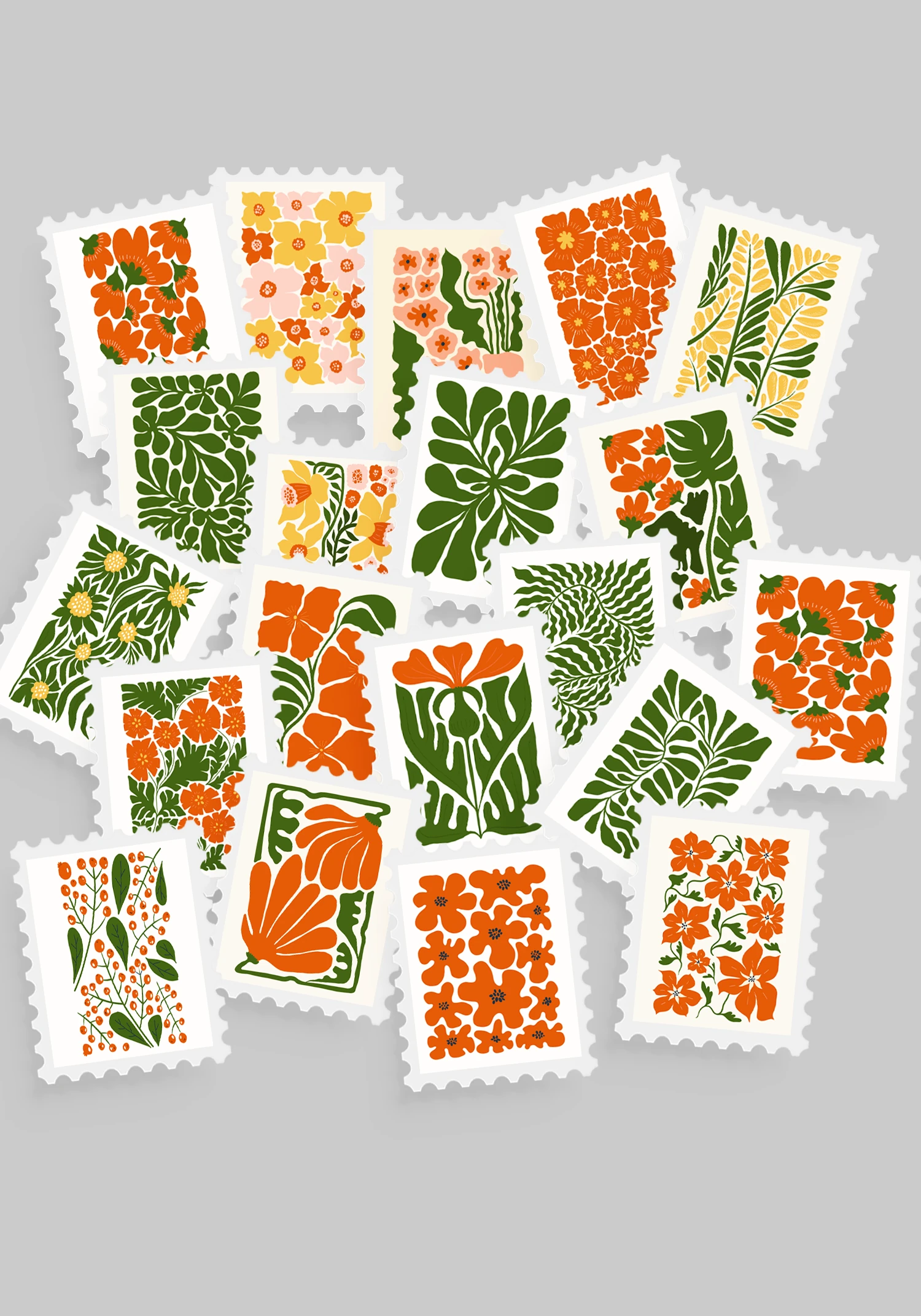 Çiçek & Botanik Temalı Pul Sticker Seti 20'li - Bullet Journal Ajanda Scrapbook - Yeşil - Turuncu Çiçek & Botanik Pul