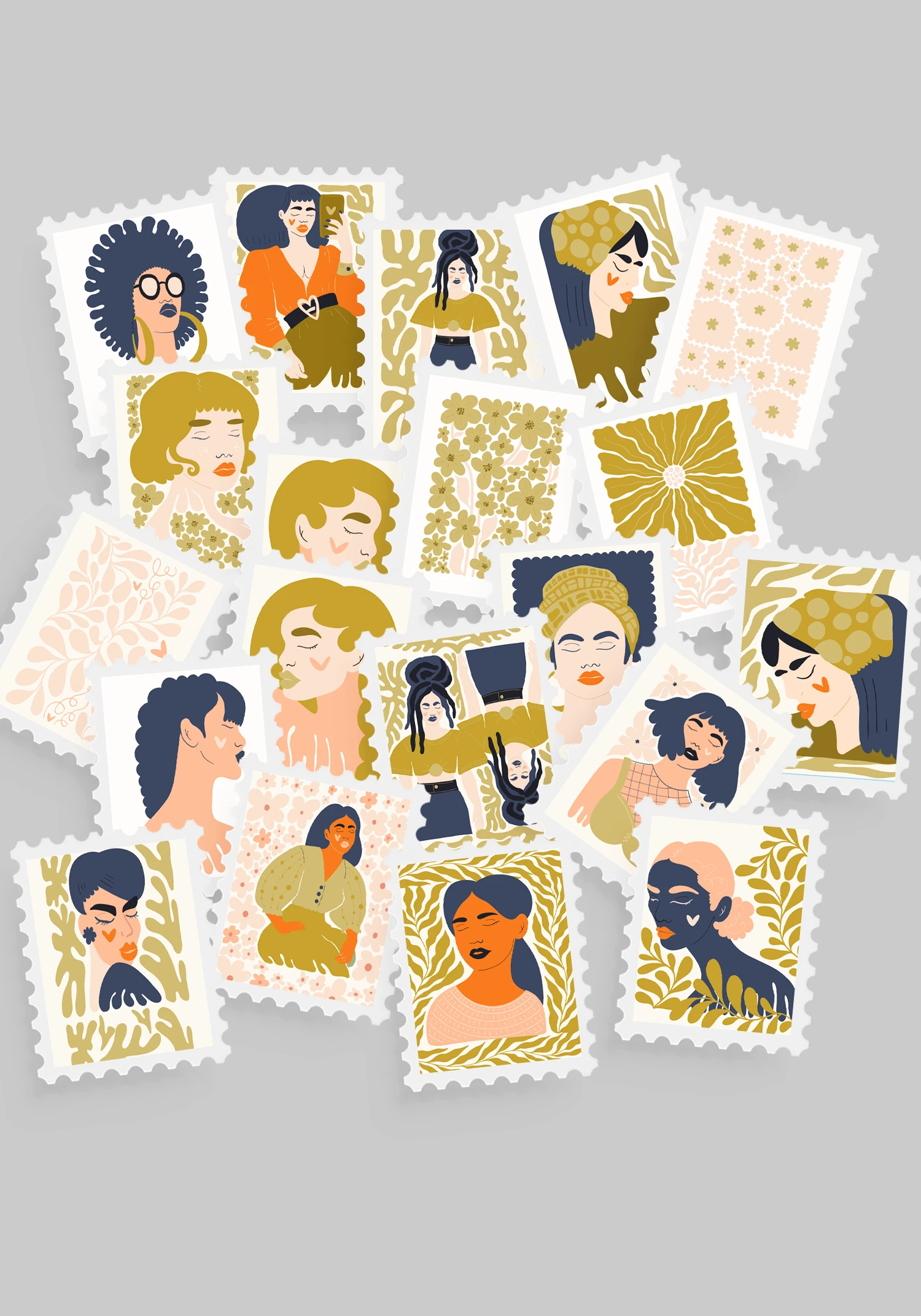 Kadın & Çiçek Temalı Pul Sticker Seti 20'li - Bullet Journal Ajanda Scrapbook - Yeşil-Krem Kadın & Çiçek Pul