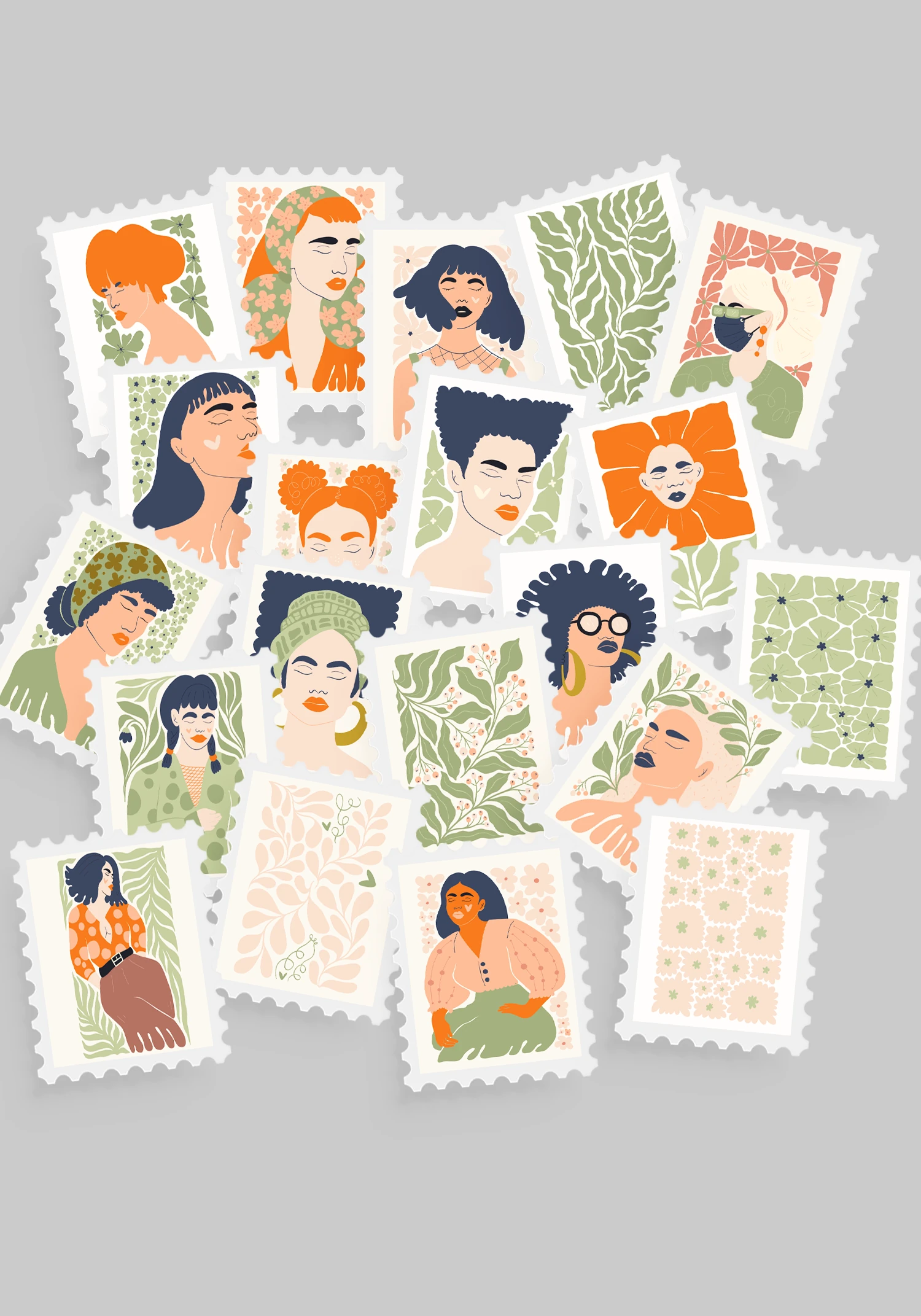 Kadın & Çiçek Temalı Pul Sticker Seti 20'li - Bullet Journal Ajanda Scrapbook - Turuncu- Yeşil Kadın & Çiçek Pul