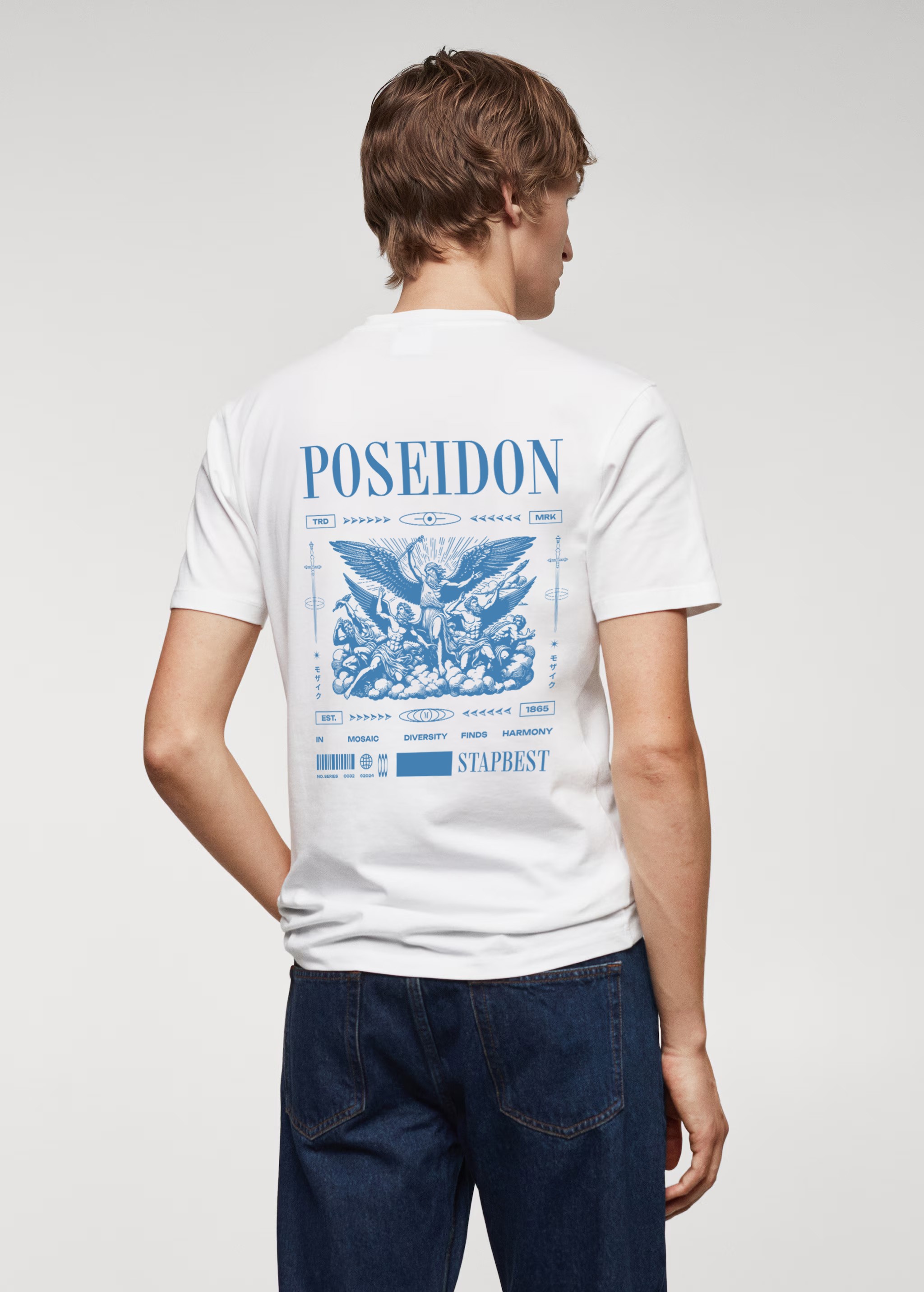 Beyaz Poseidon Mavi Sırt Baskılı T-shirt