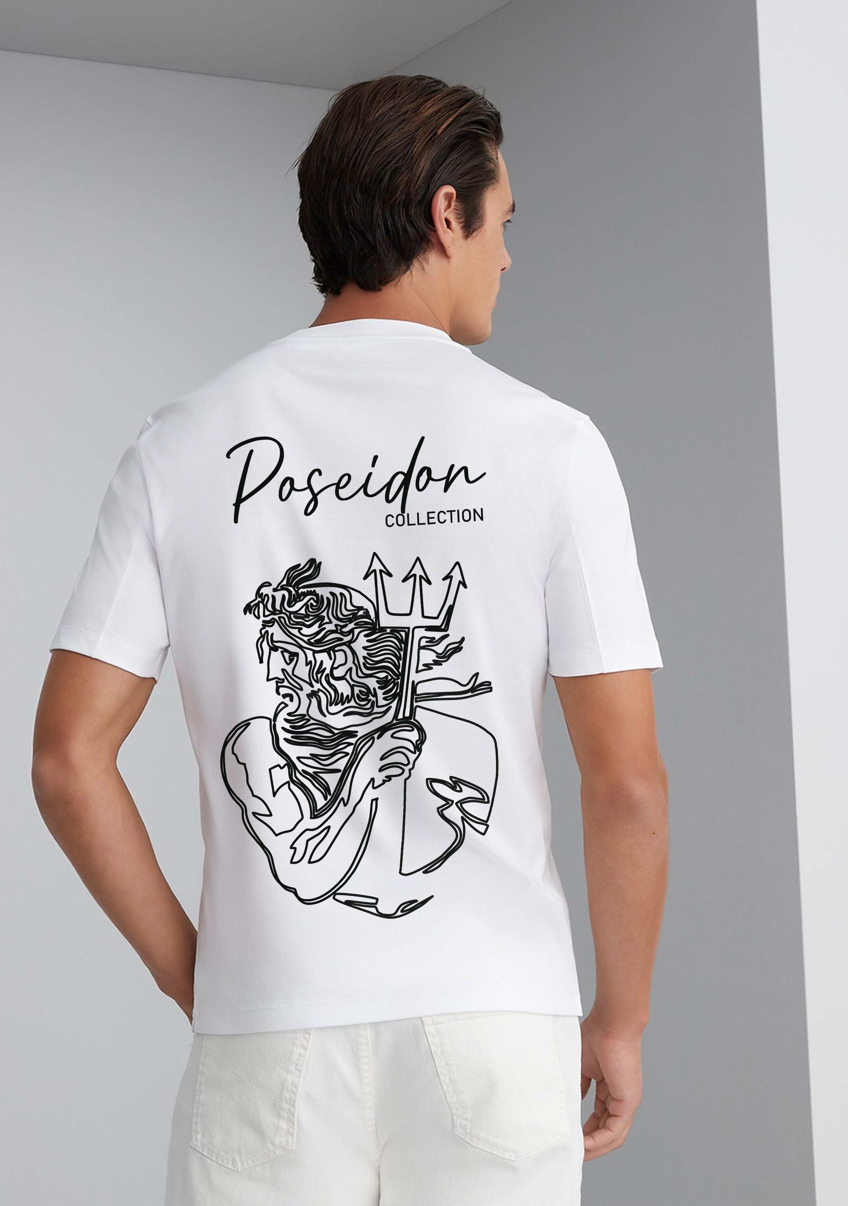 Beyaz Poseidon Sırt Baskılı T-shirt