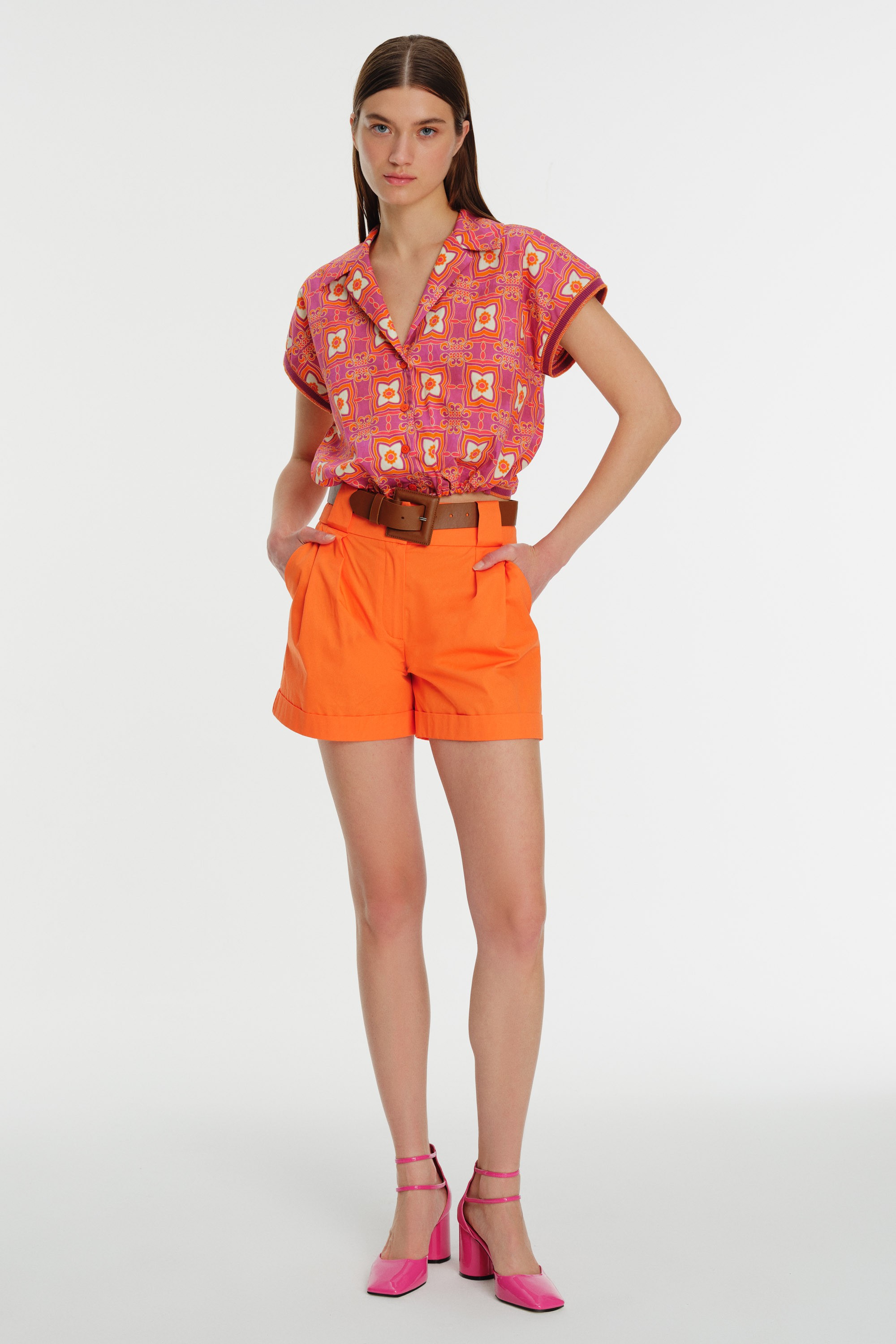 Belted Pleated Poplin Shorts