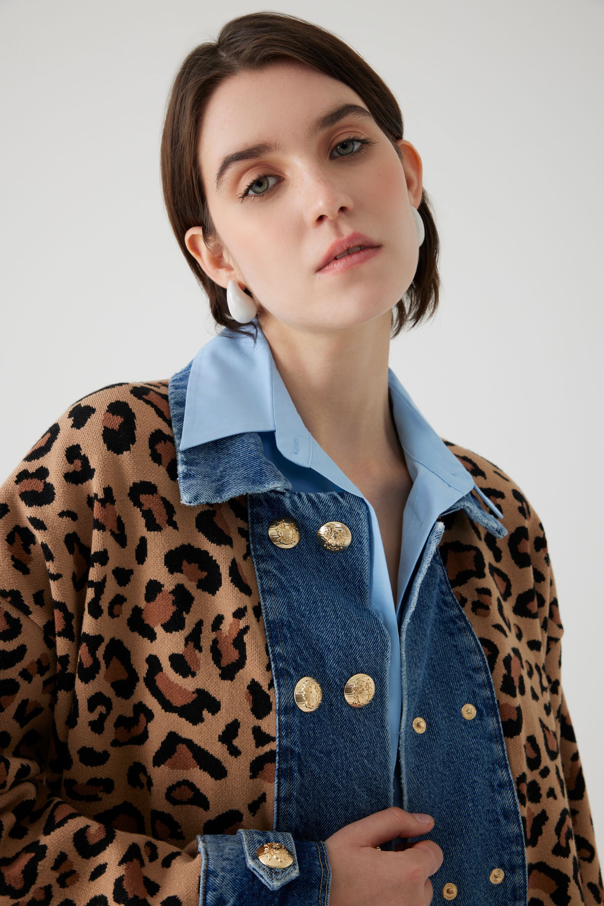 Leopar Desen Denim Garnili Kahverengi Oversize Hırka