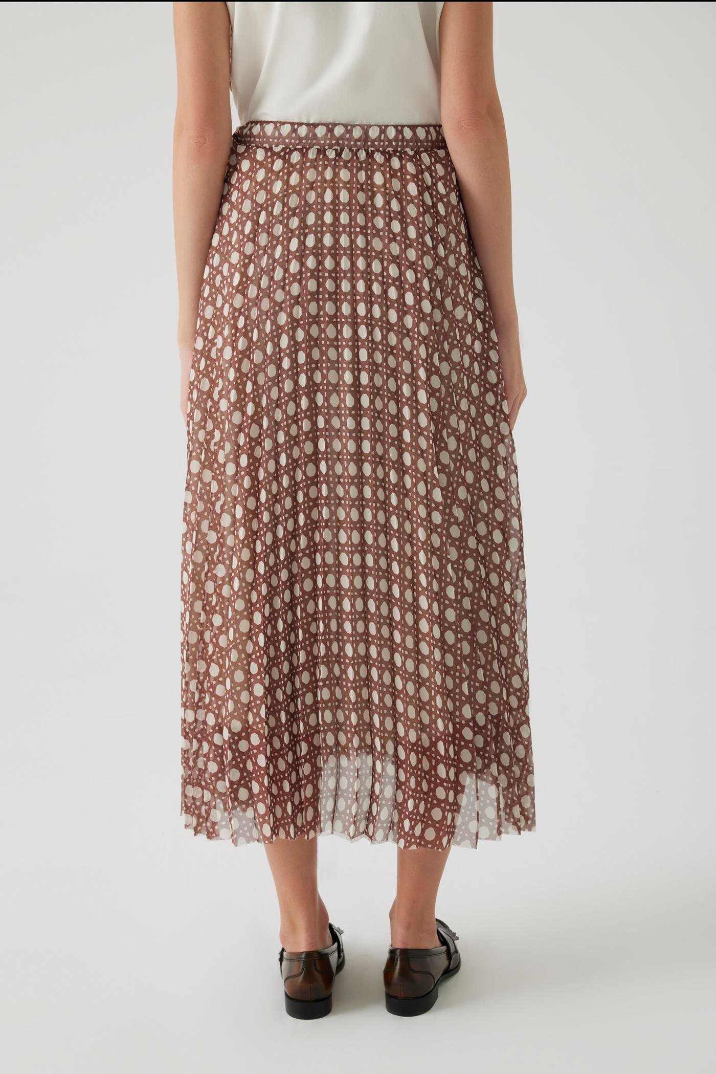 Elastic Waist Pleated Relaxed Fit Midi Patterned Brown Skirt