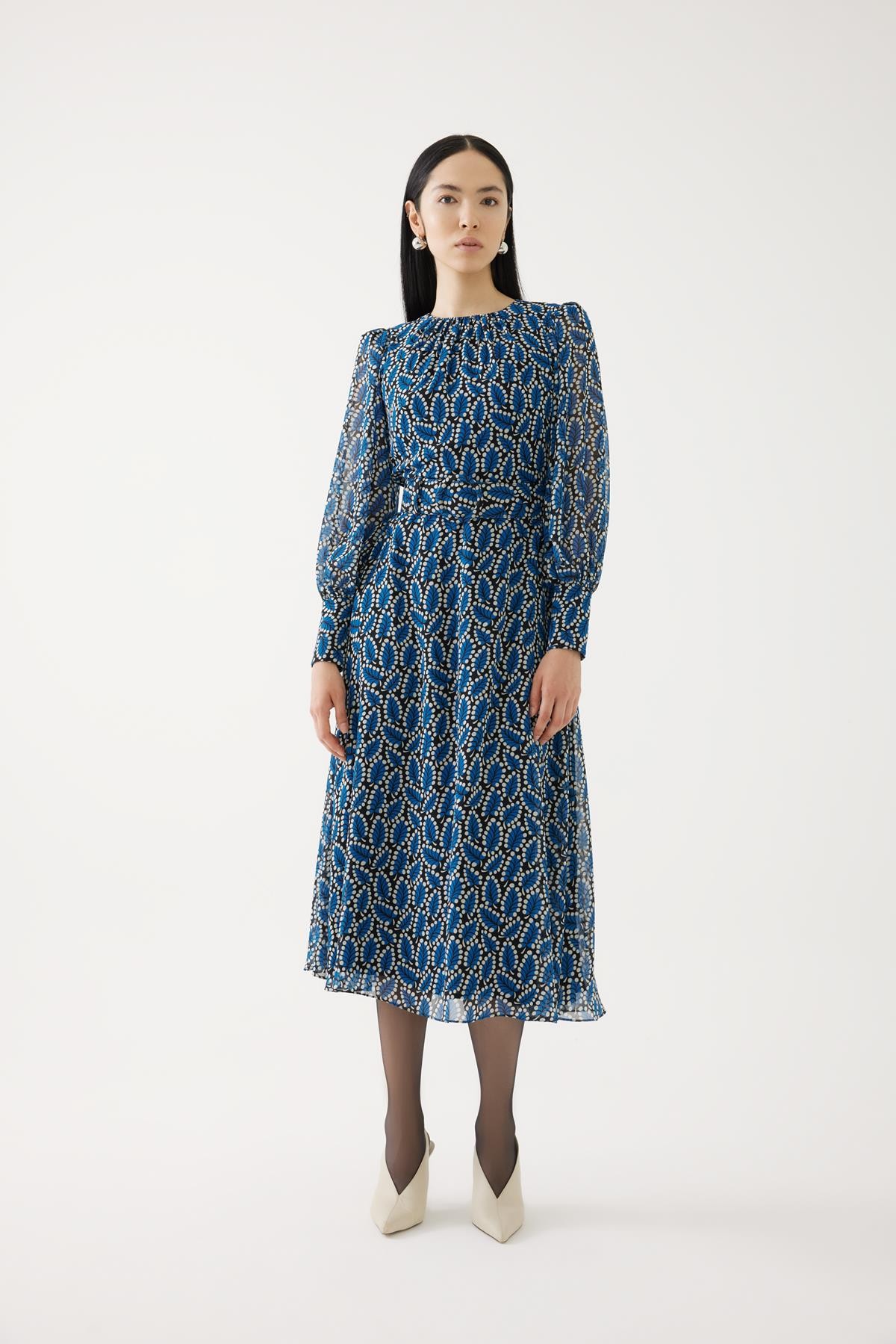 Balloon Sleeve Leaf Patterned Dress