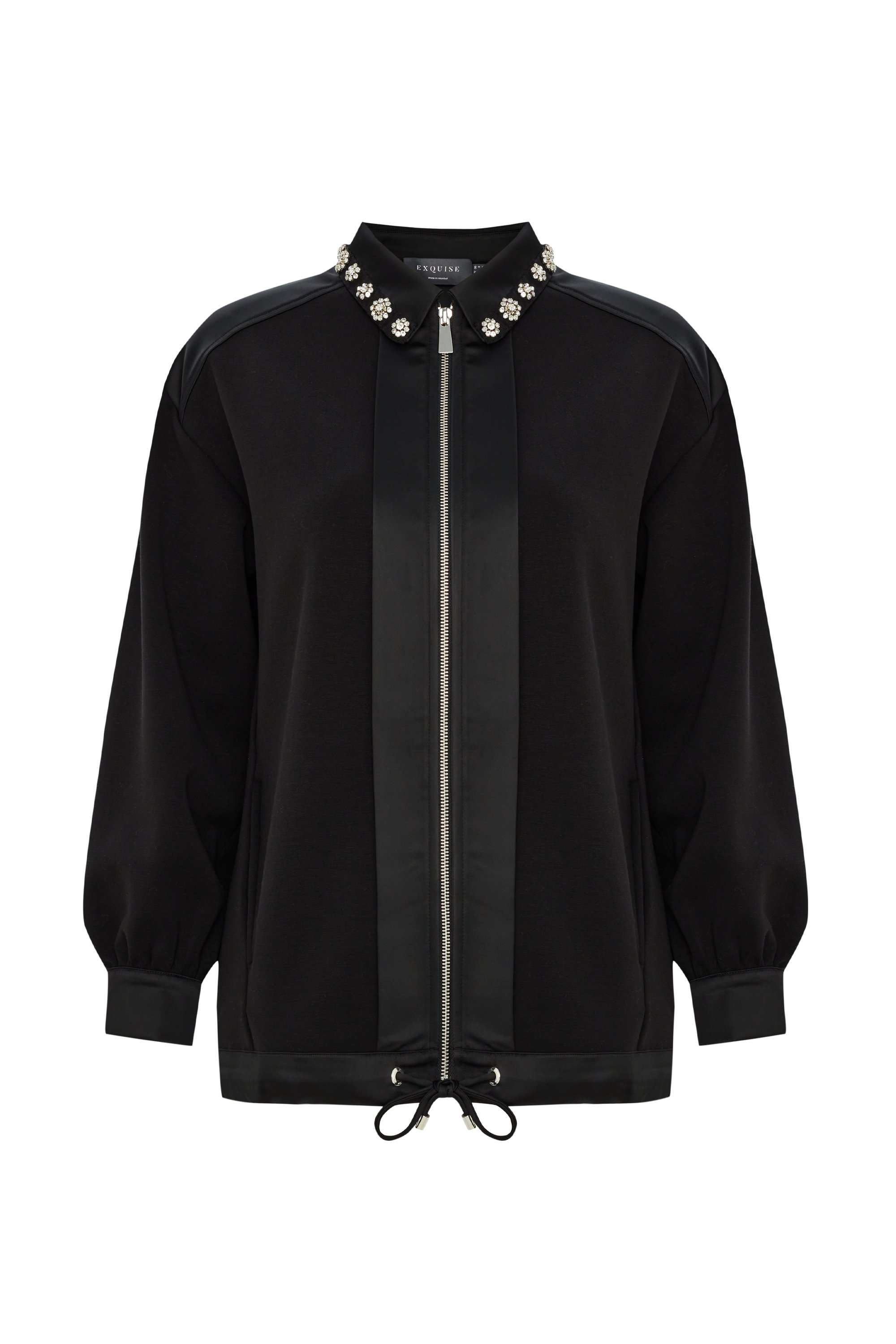 Collar Crystal Stone Embroidered Zip Regular Black Sweatshirt