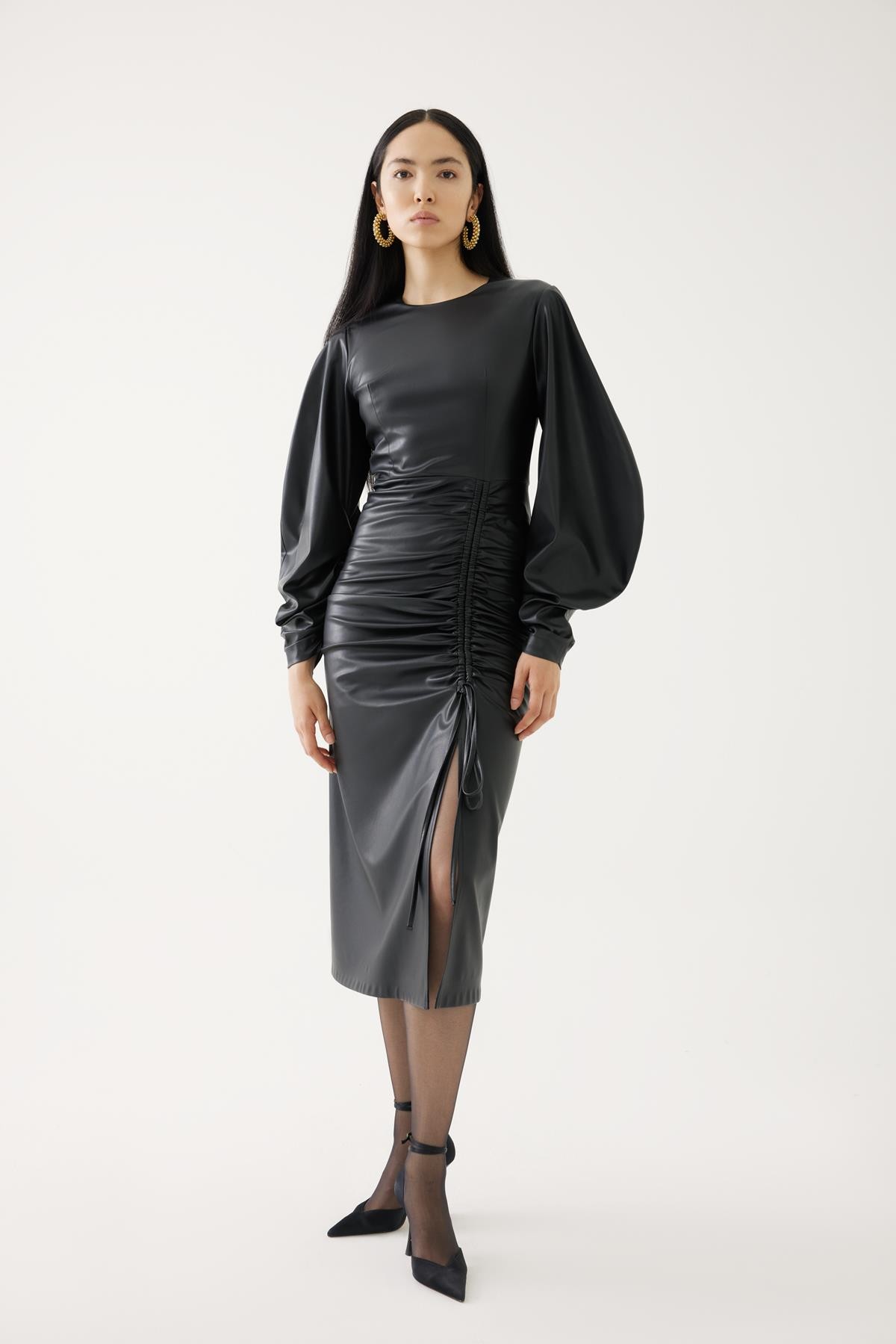 Leather dress with ruffle detail