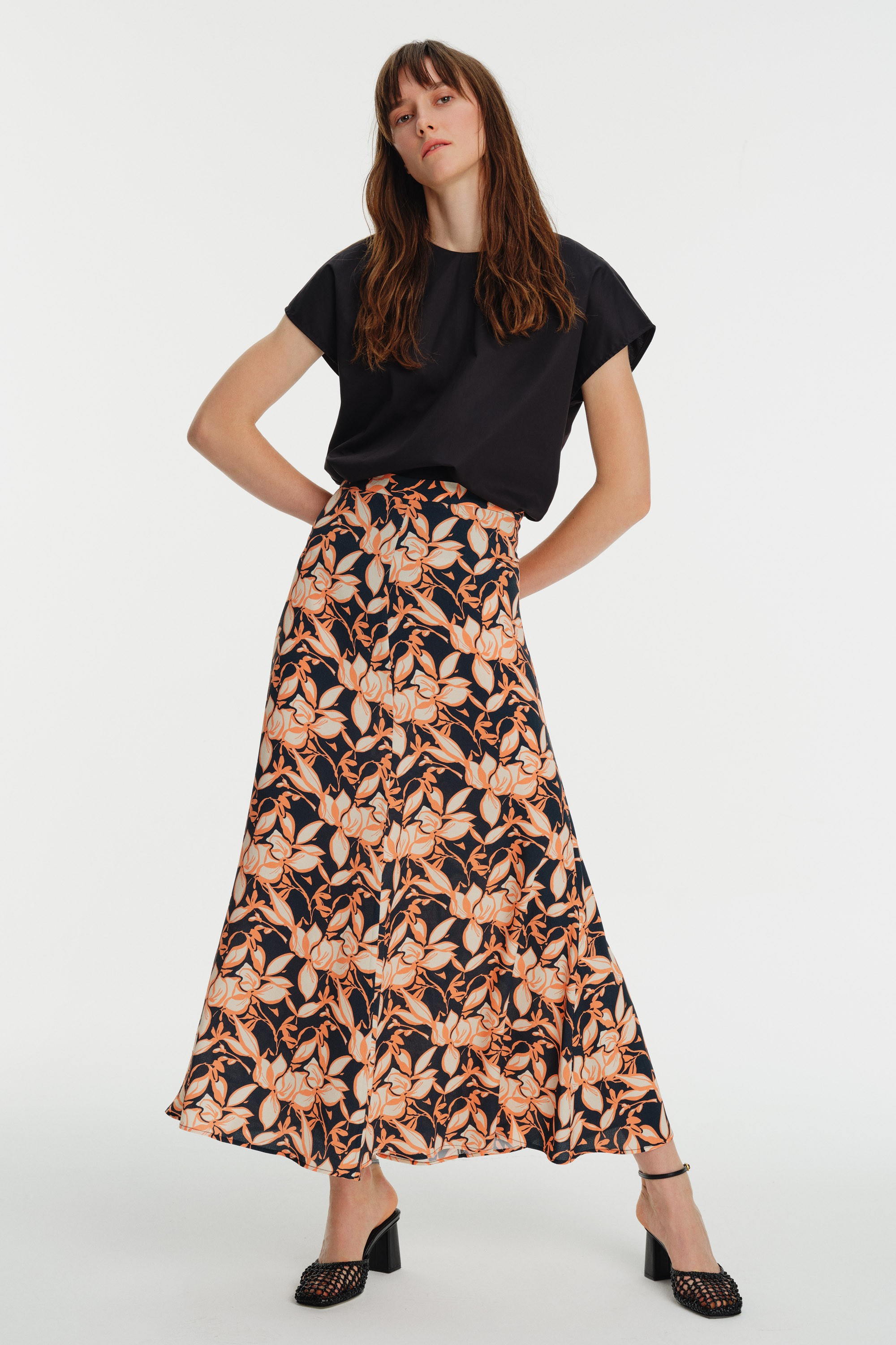 Floral Print High-Waisted Midi Skirt