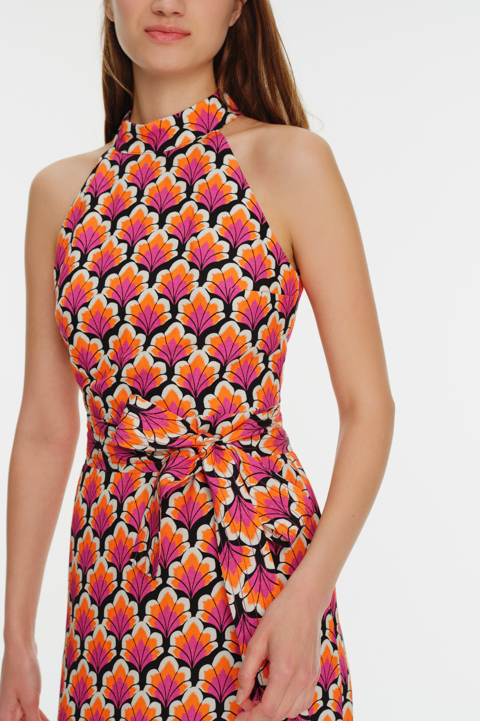 Halter Neck Back Decollete Patterned Midi Dress