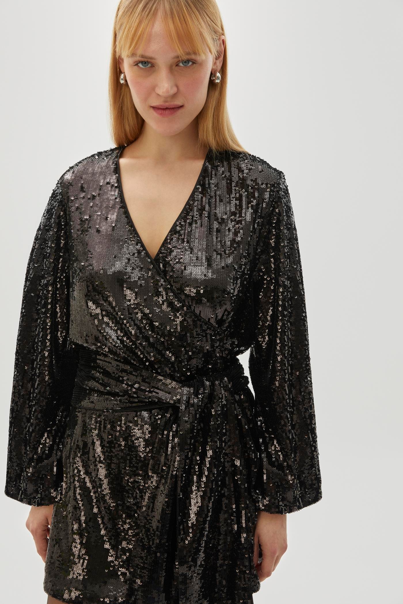 Sequin V Neck Mini Black Dress