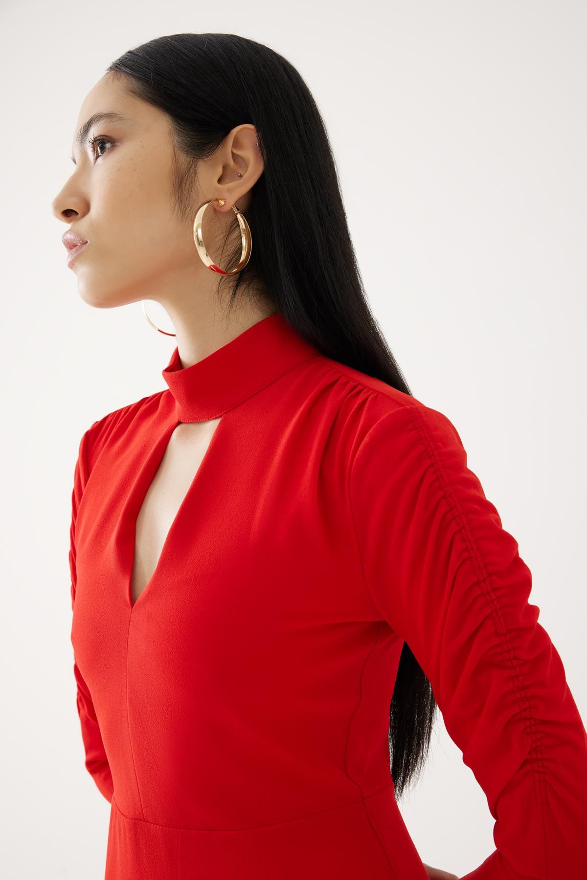 Red Sleeved Ruched Detail Dress