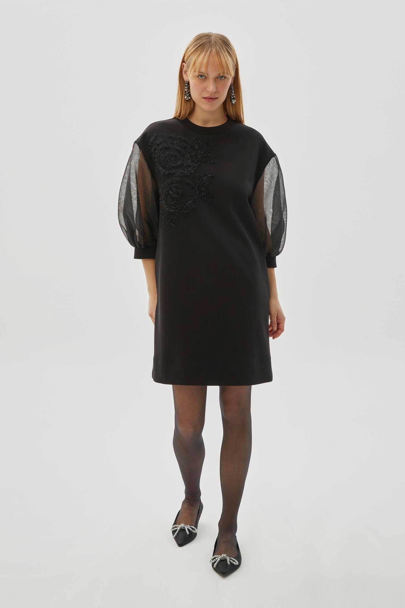 Organza Sleeve Embroidered Detail Lycra Black Mini Knit Dress