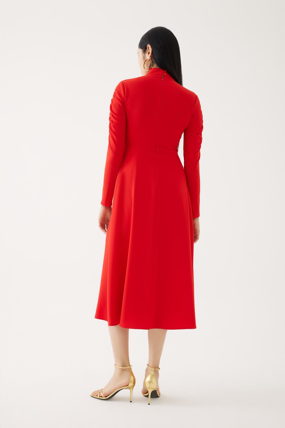 Red Sleeved Ruched Detail Dress